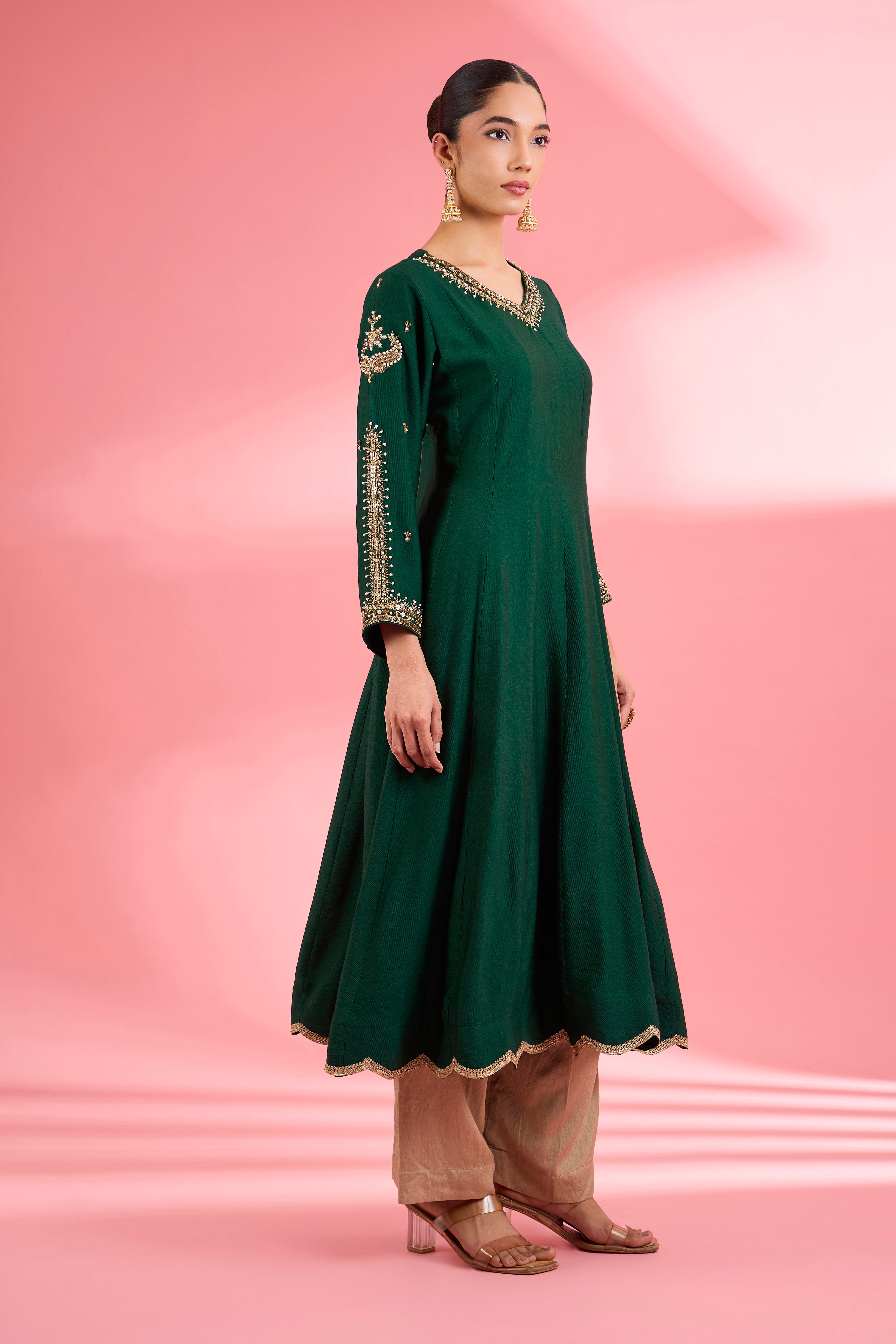 Dark Green   Katan Silk Hand Embroidered Kurta Set