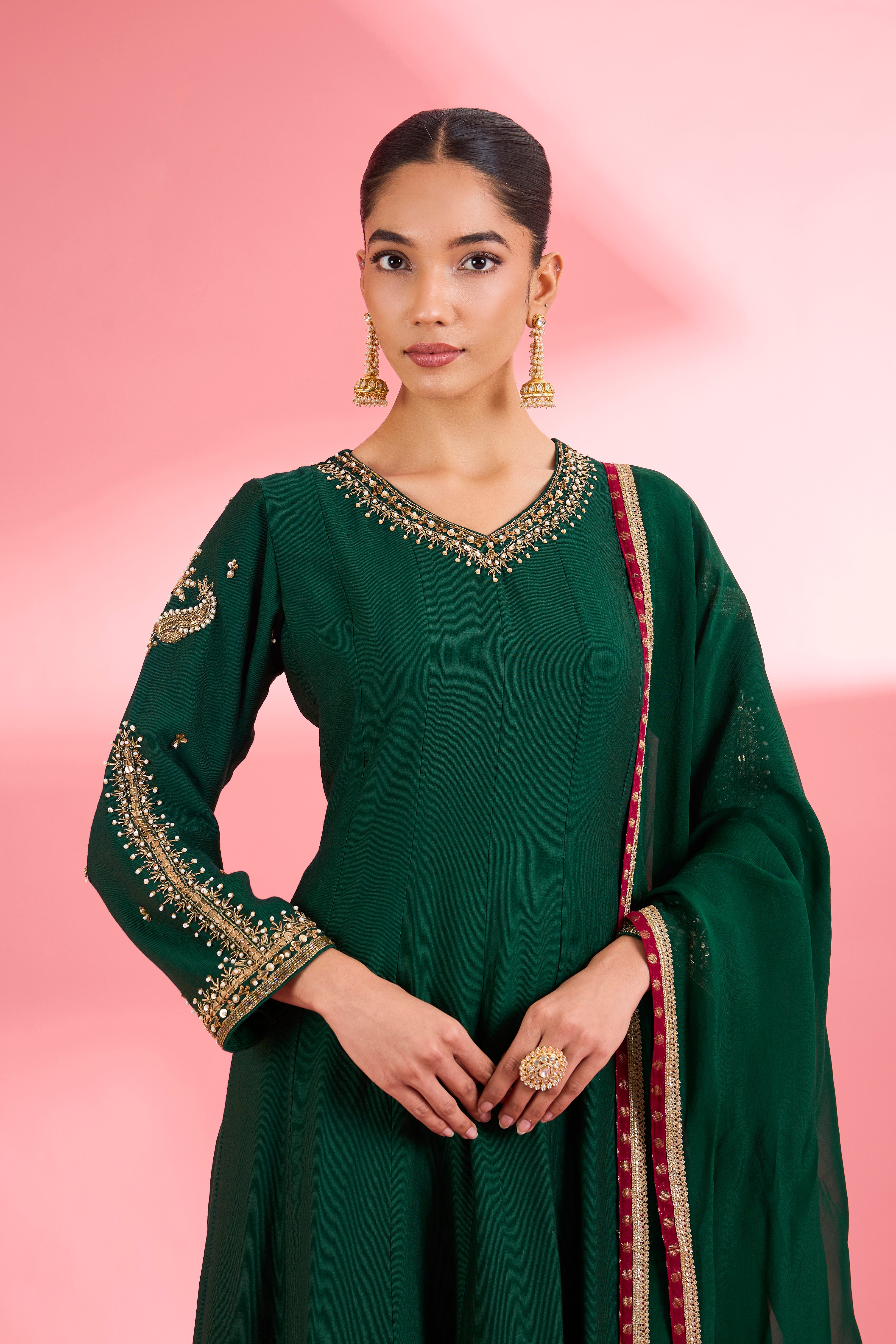 Dark Green   Katan Silk Hand Embroidered Kurta Set