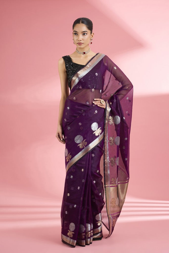Wine Colour  Premium Kota Doria Silk Saree And Blouse Piece .