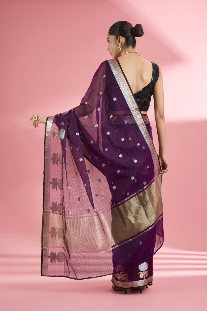 Wine Colour  Premium Kota Doria Silk Saree And Blouse Piece .