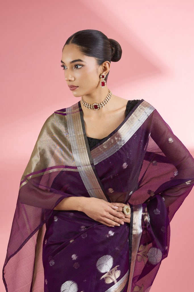 Wine Colour  Premium Kota Doria Silk Saree And Blouse Piece .