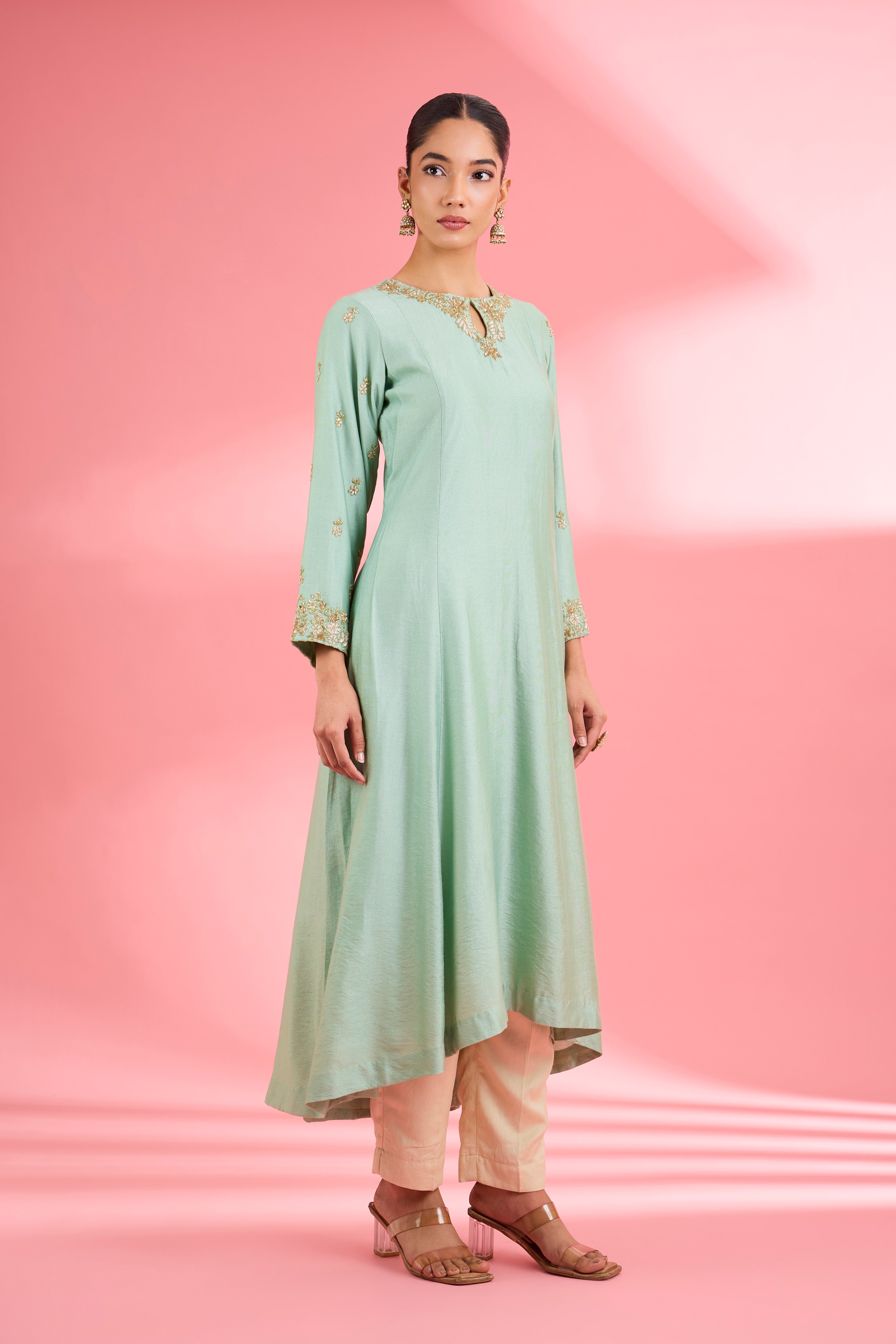 Sea Green Katan Silk Handwork Kurta Set