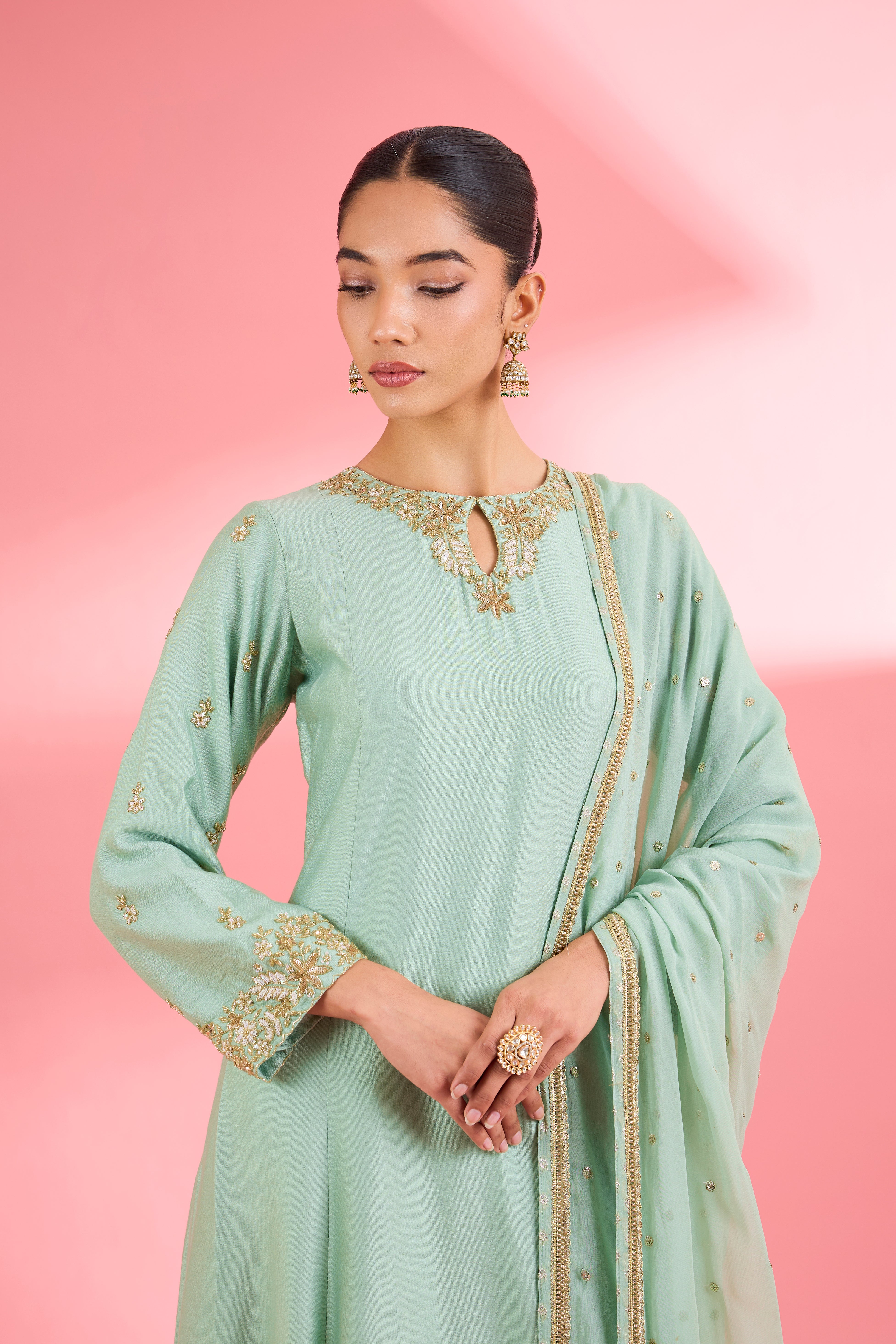 Sea Green Katan Silk Handwork Kurta Set