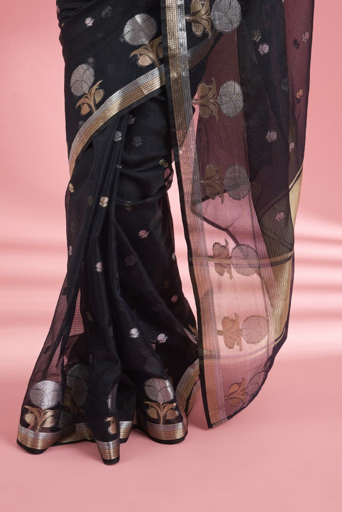 Black  Premium Kota Doria Silk Saree And Blouse Piece .