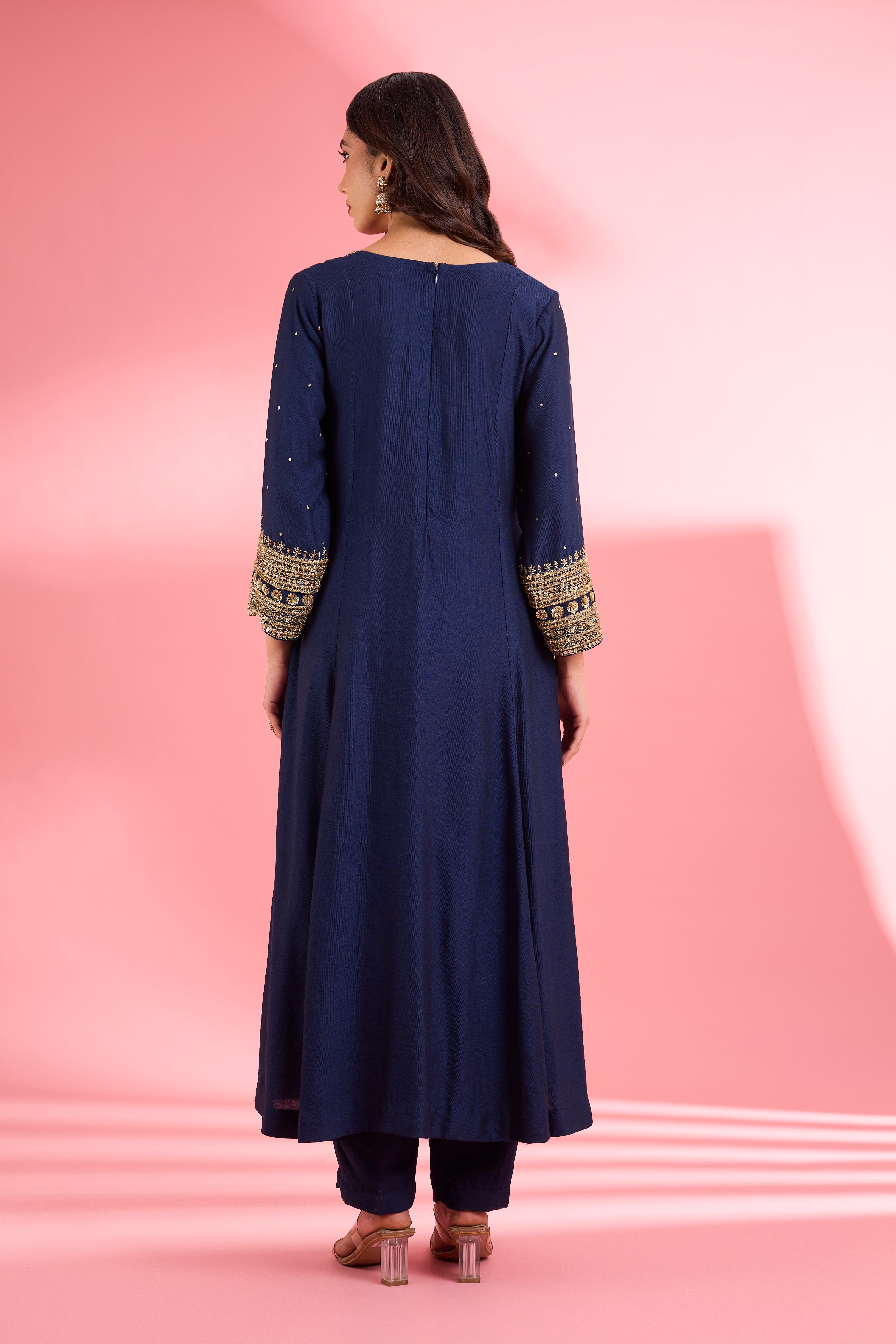 Dark Blue Katan Silk Hand Embroidered Kurta Set