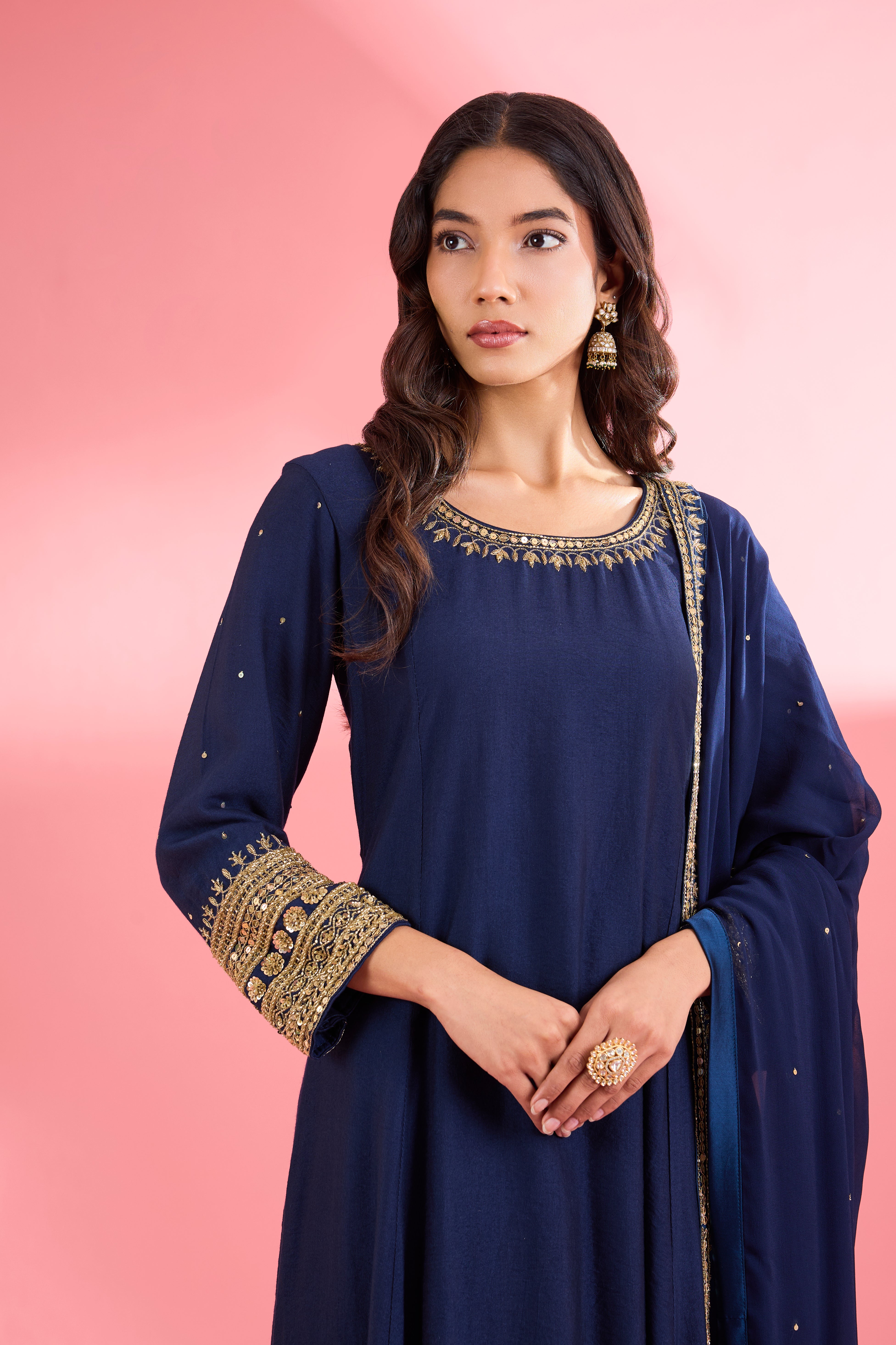 Dark Blue Katan Silk Hand Embroidered Kurta Set