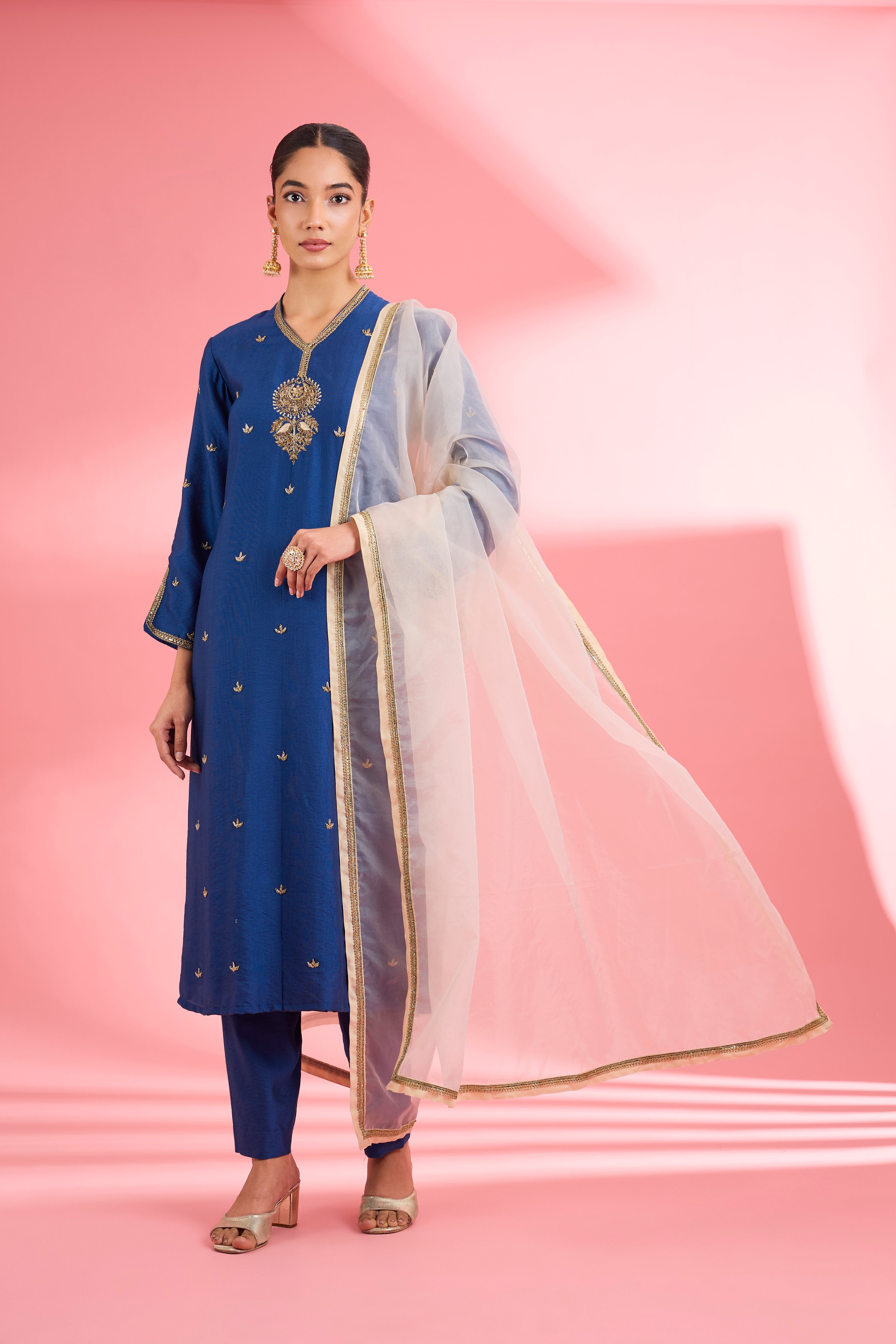 Blue Katan Silk Hand Embroidered Kurta Set
