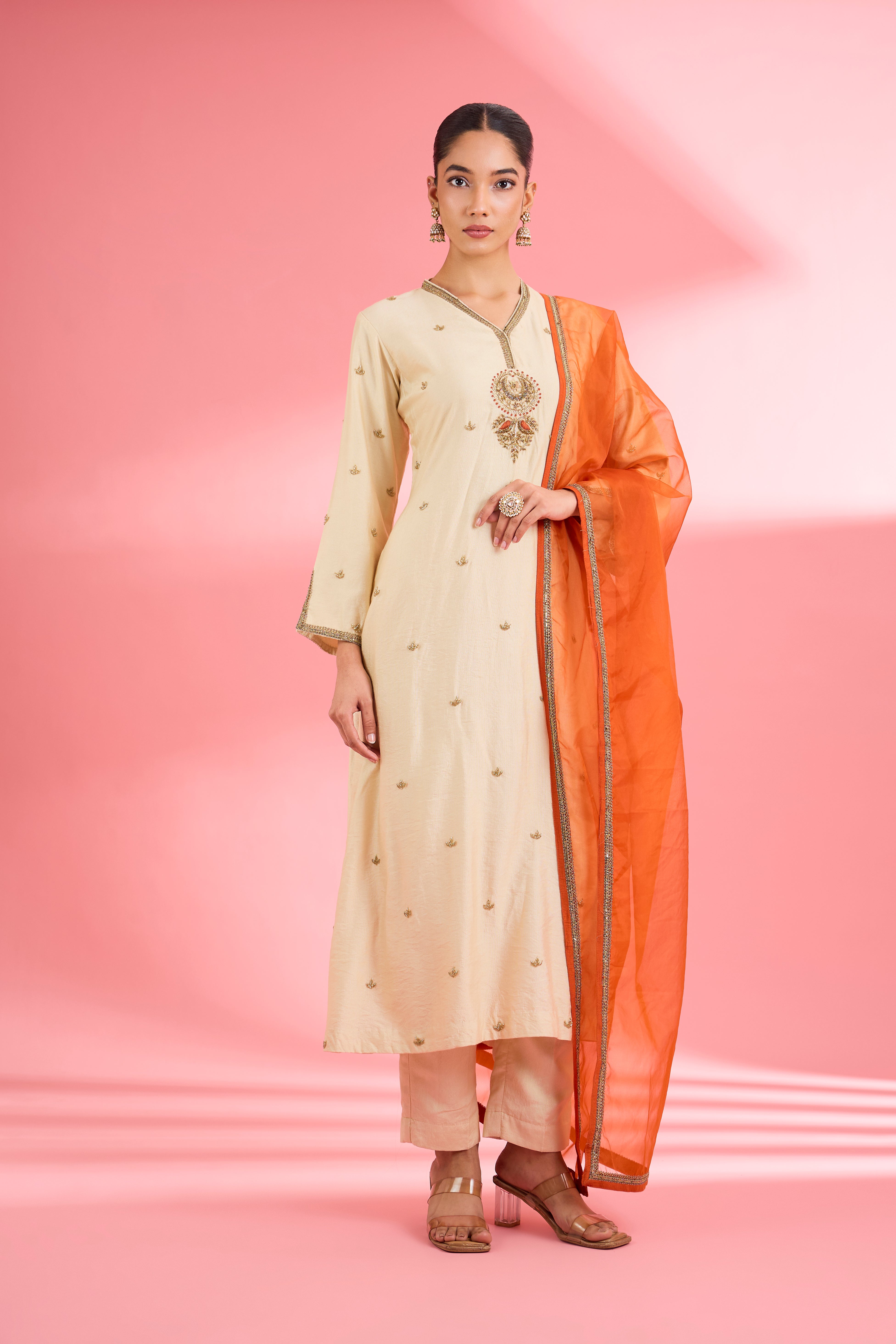 Light Beige  Katan Silk Hand Embroidered Kurta Set