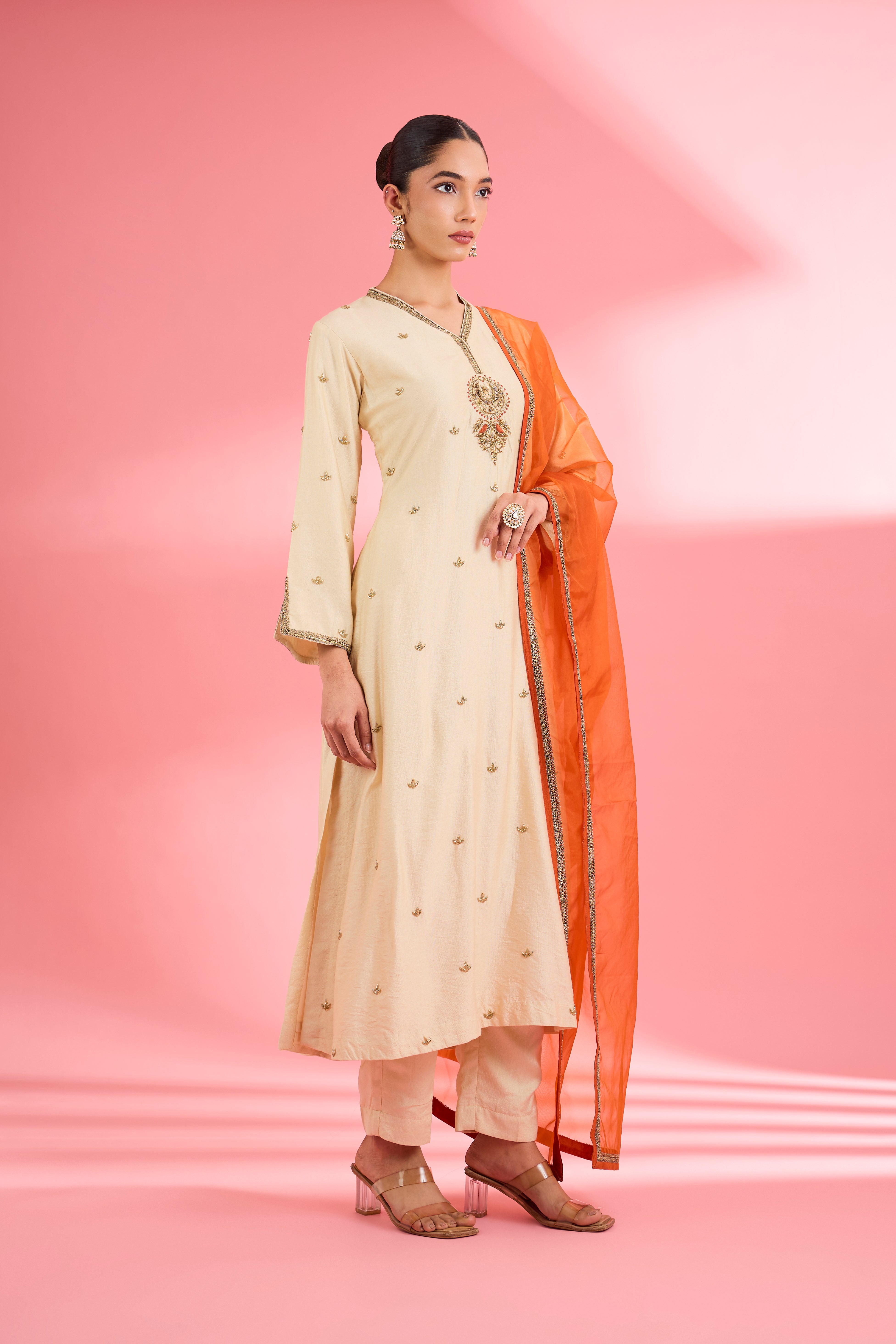 Light Beige  Katan Silk Hand Embroidered Kurta Set