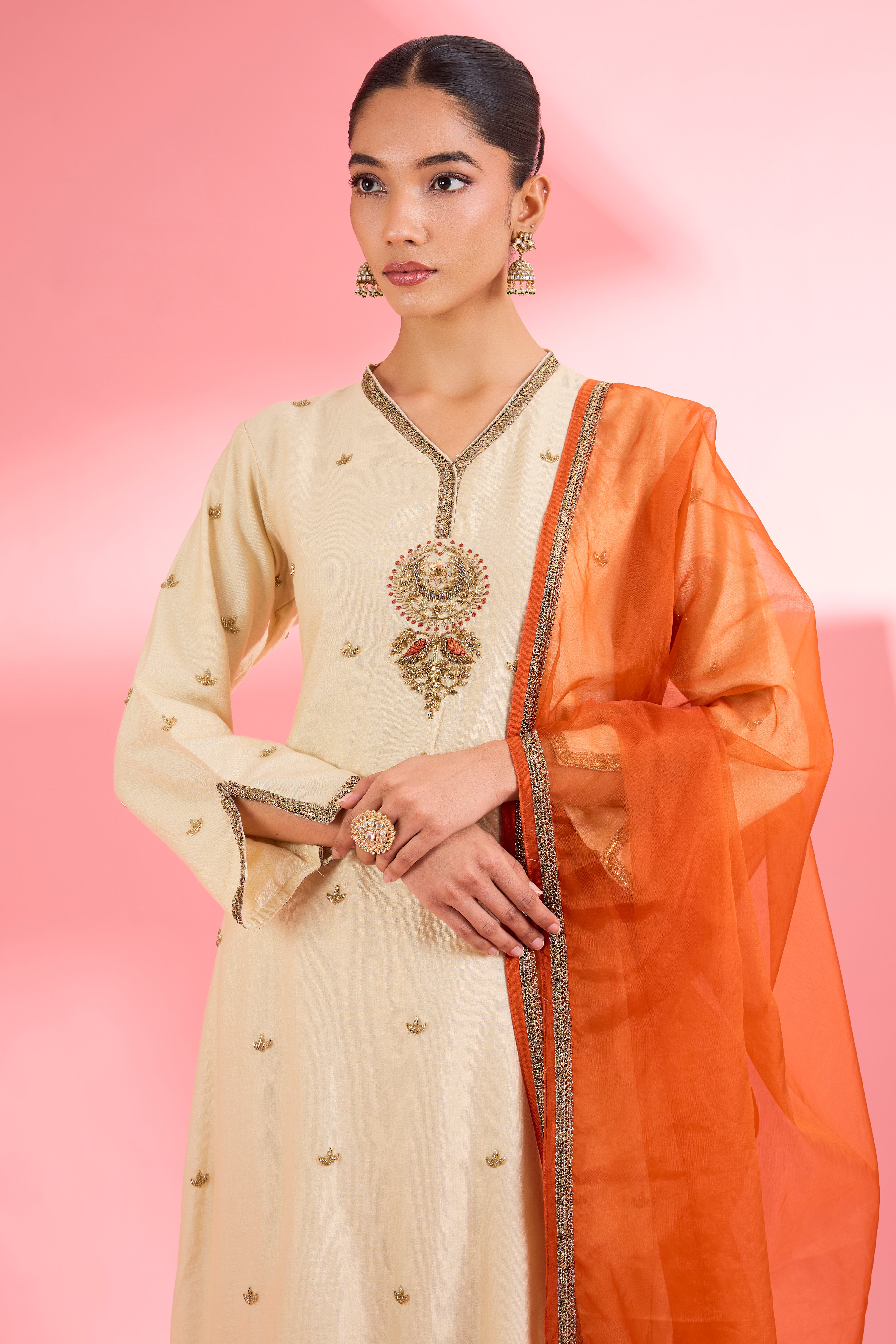 Light Beige  Katan Silk Hand Embroidered Kurta Set