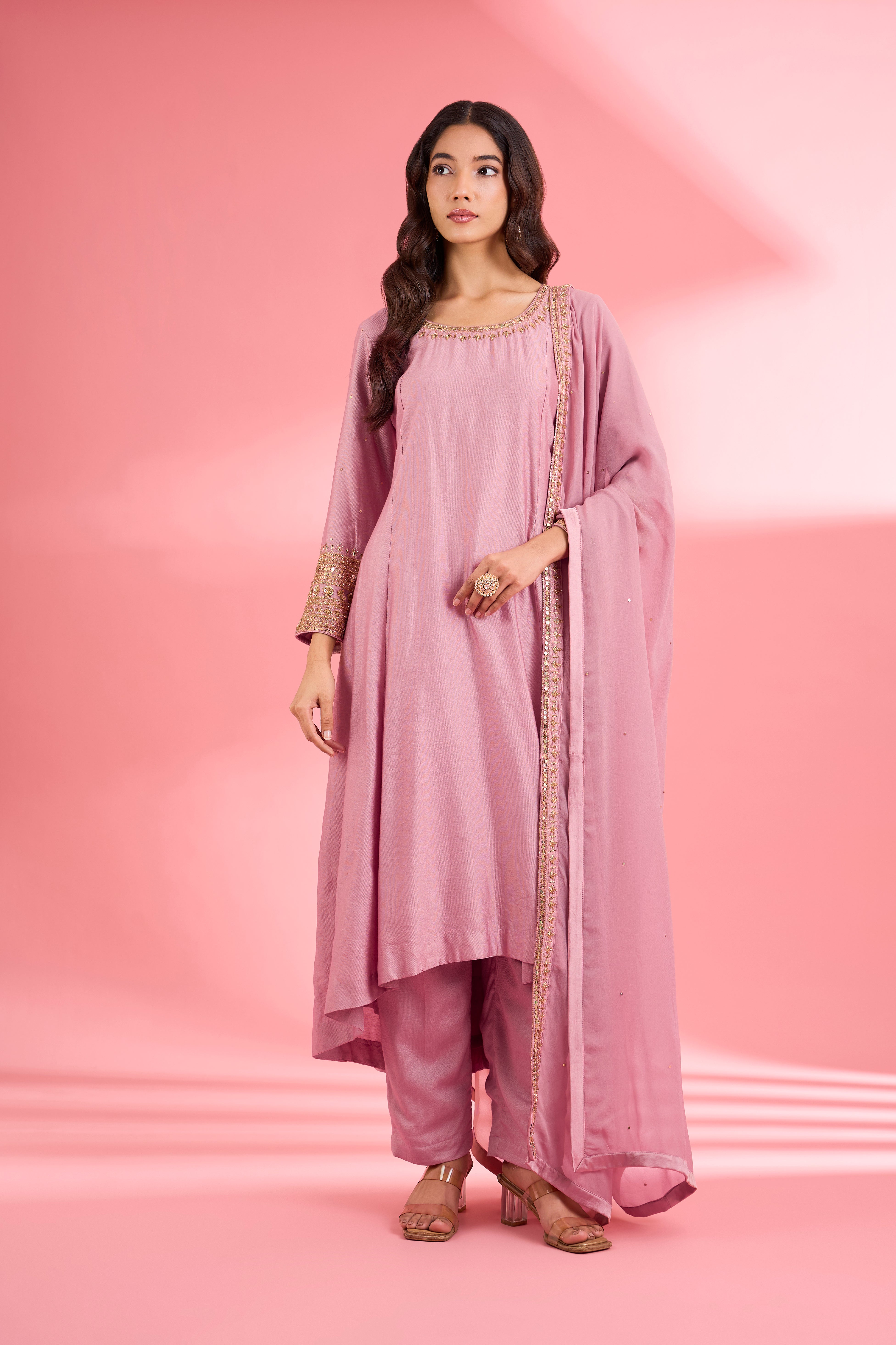 Pink  Katan Silk Hand Embroidered Kurta Set