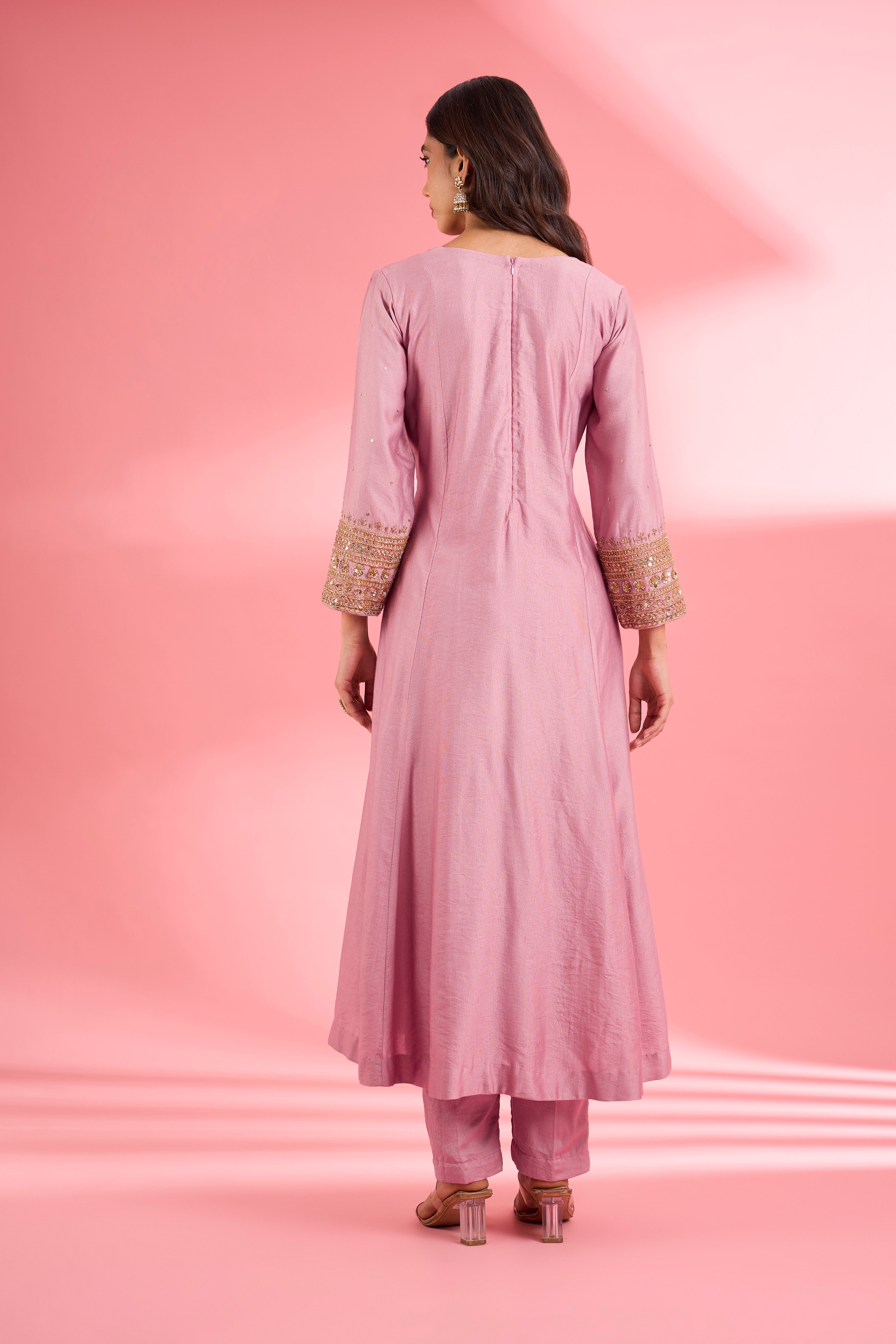 Pink  Katan Silk Hand Embroidered Kurta Set