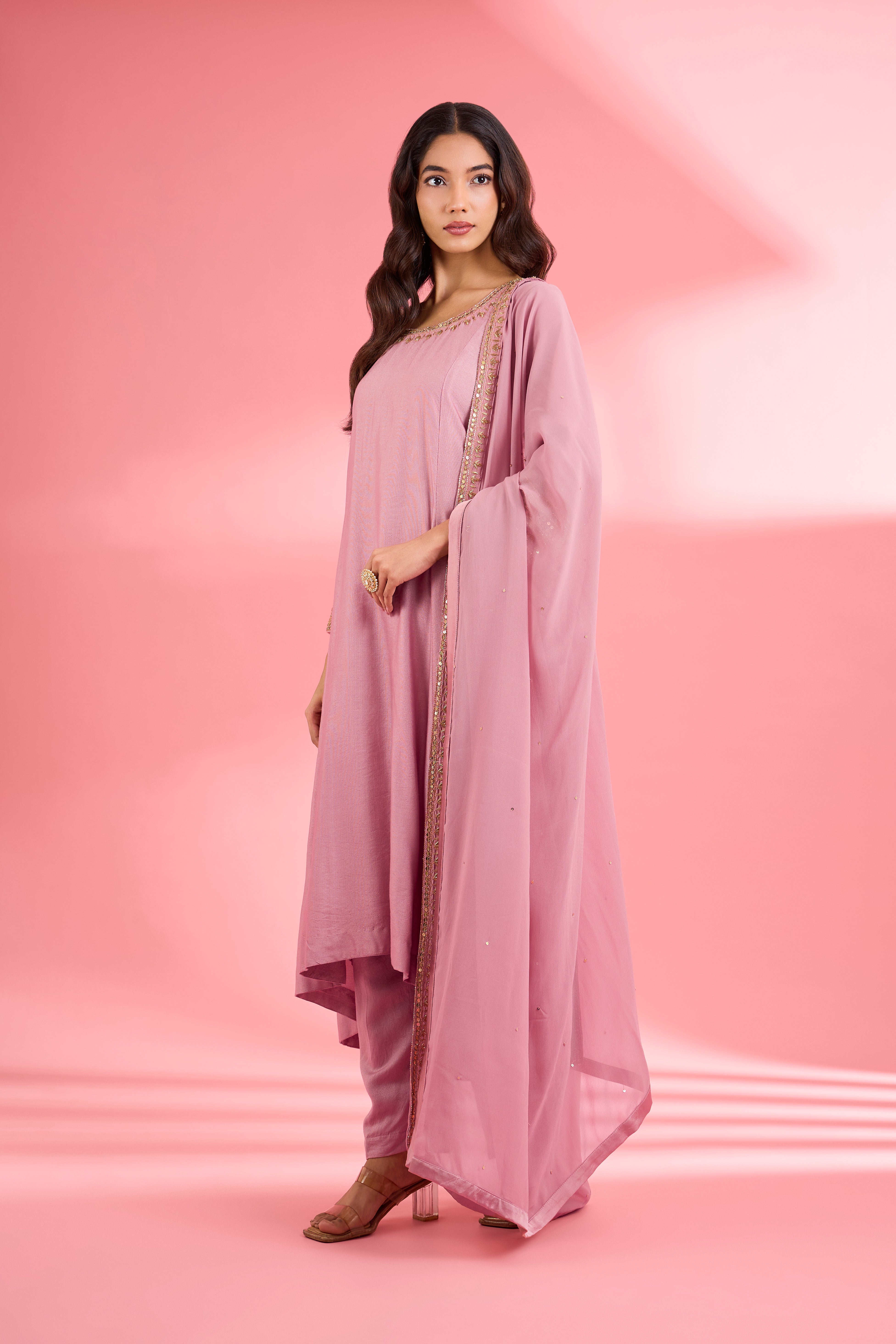 Pink  Katan Silk Hand Embroidered Kurta Set