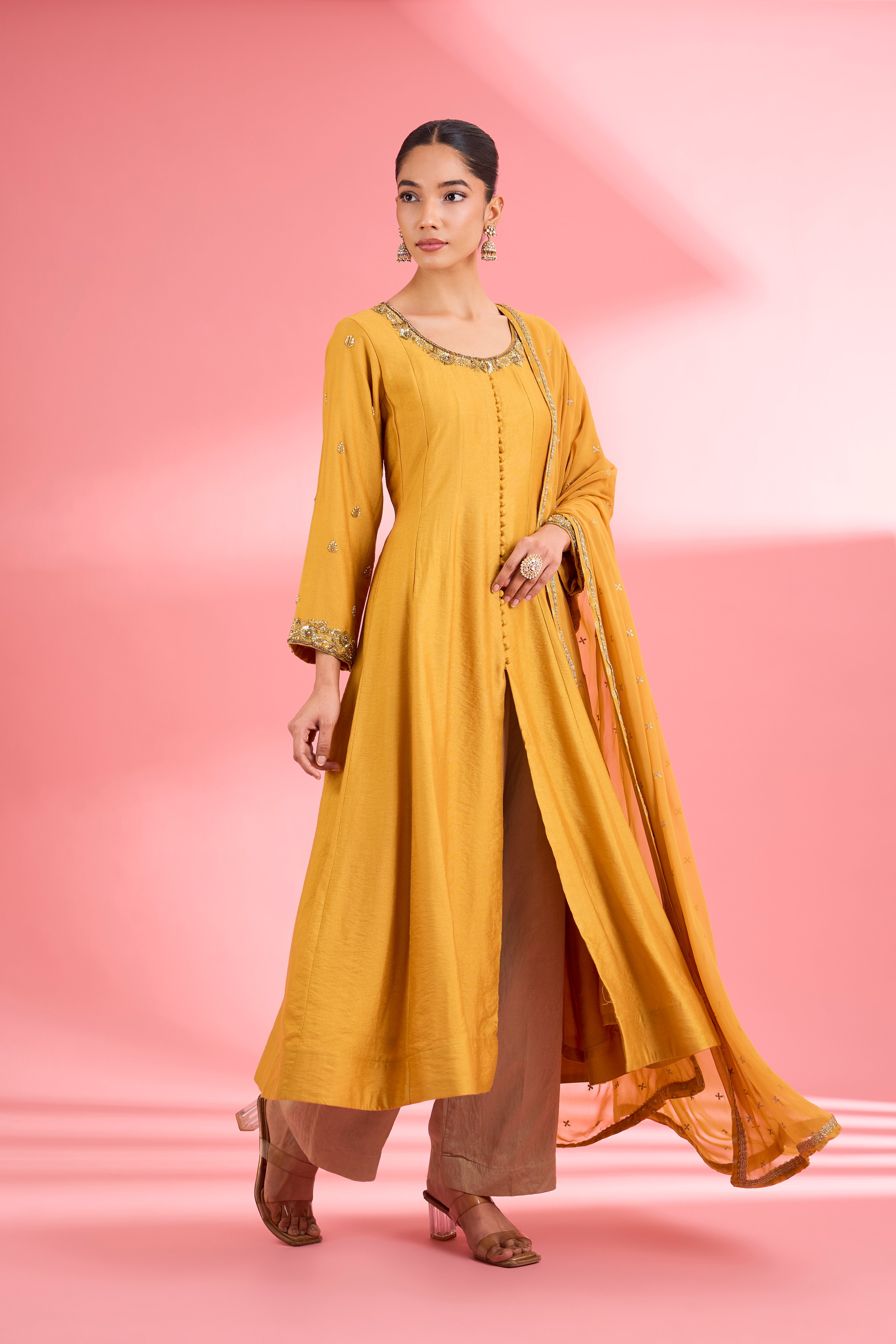 Mustard  Katan Silk Anarkali Pant  Set With Hand Embroidery