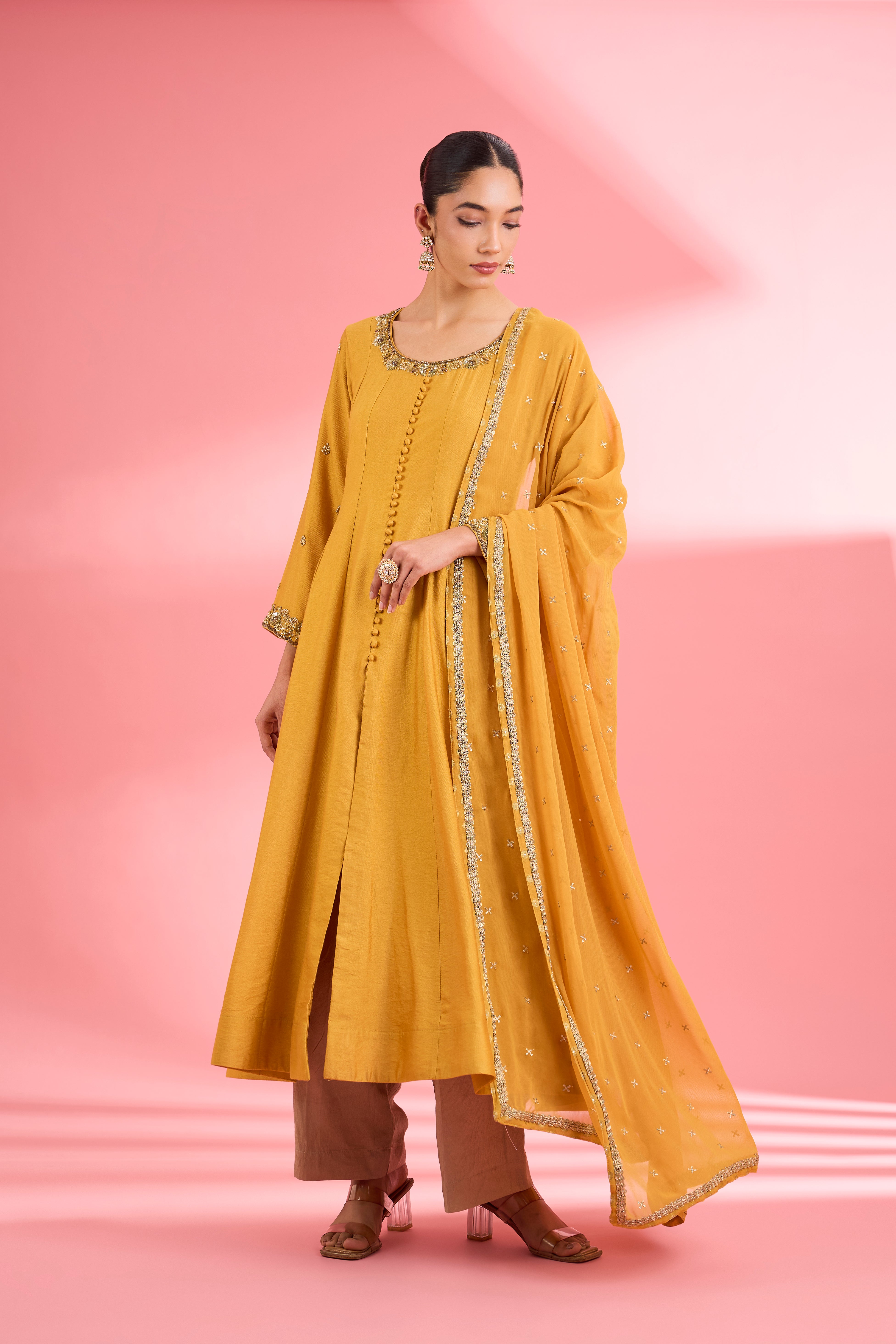 Mustard  Katan Silk Anarkali Pant  Set With Hand Embroidery
