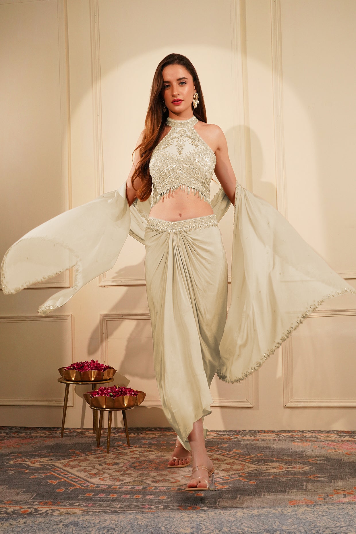 Dull Ivory Crepe Drape Skirt Set With Heavy Hand Embroidered Halter Blouse And Dupatta