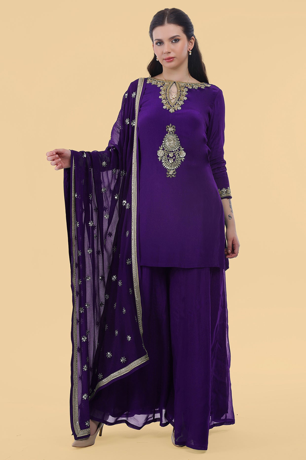 Purple  Crepe Kurta Sharara Set
