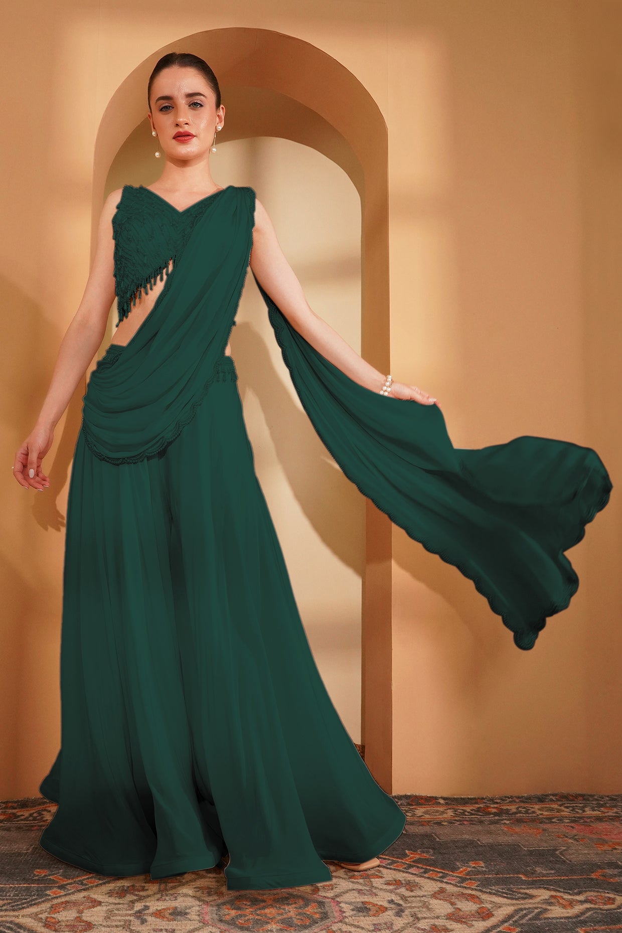 Dark Green Crepe Pearlwork  Sharara Set