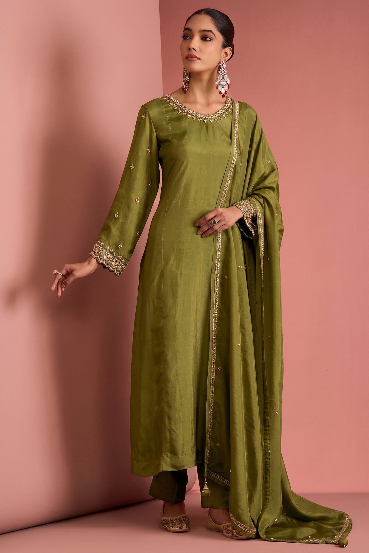 Mehendi Green   Opara Silk Kurta Set With Hand Embroidery