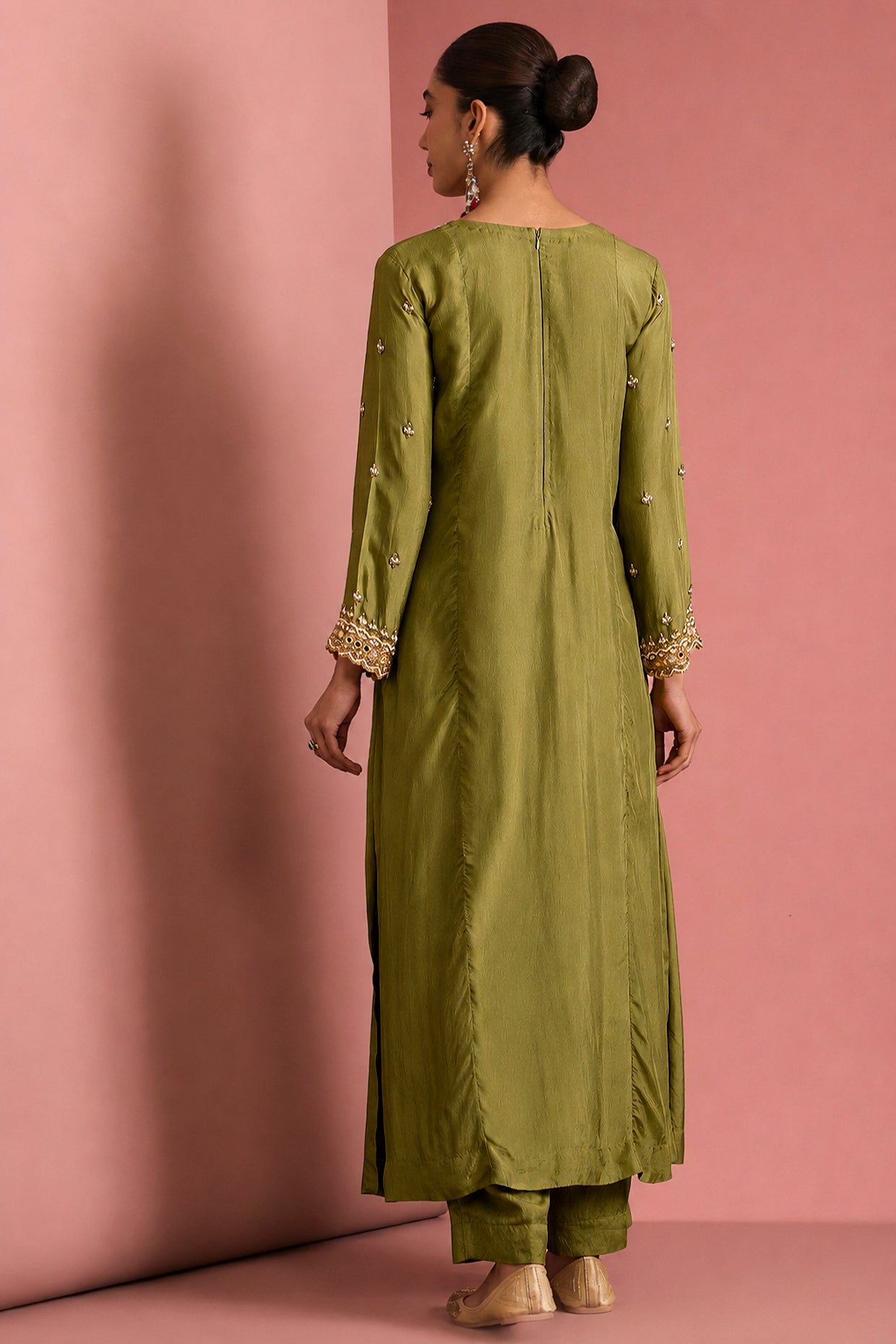 Mehendi Green   Opara Silk Kurta Set With Hand Embroidery