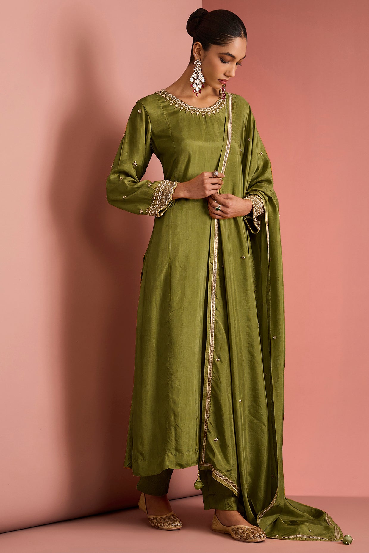 Mehendi Green   Opara Silk Kurta Set With Hand Embroidery