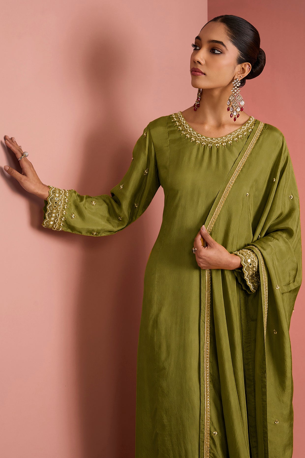 Mehendi Green   Opara Silk Kurta Set With Hand Embroidery