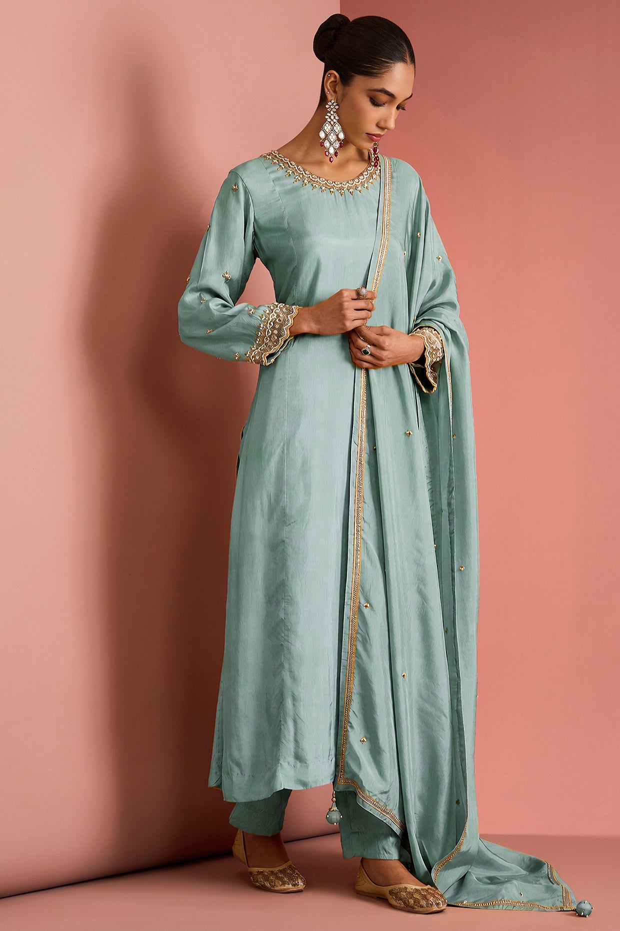 Light Teal   Opara Silk Kurta Set With Hand Embroidery