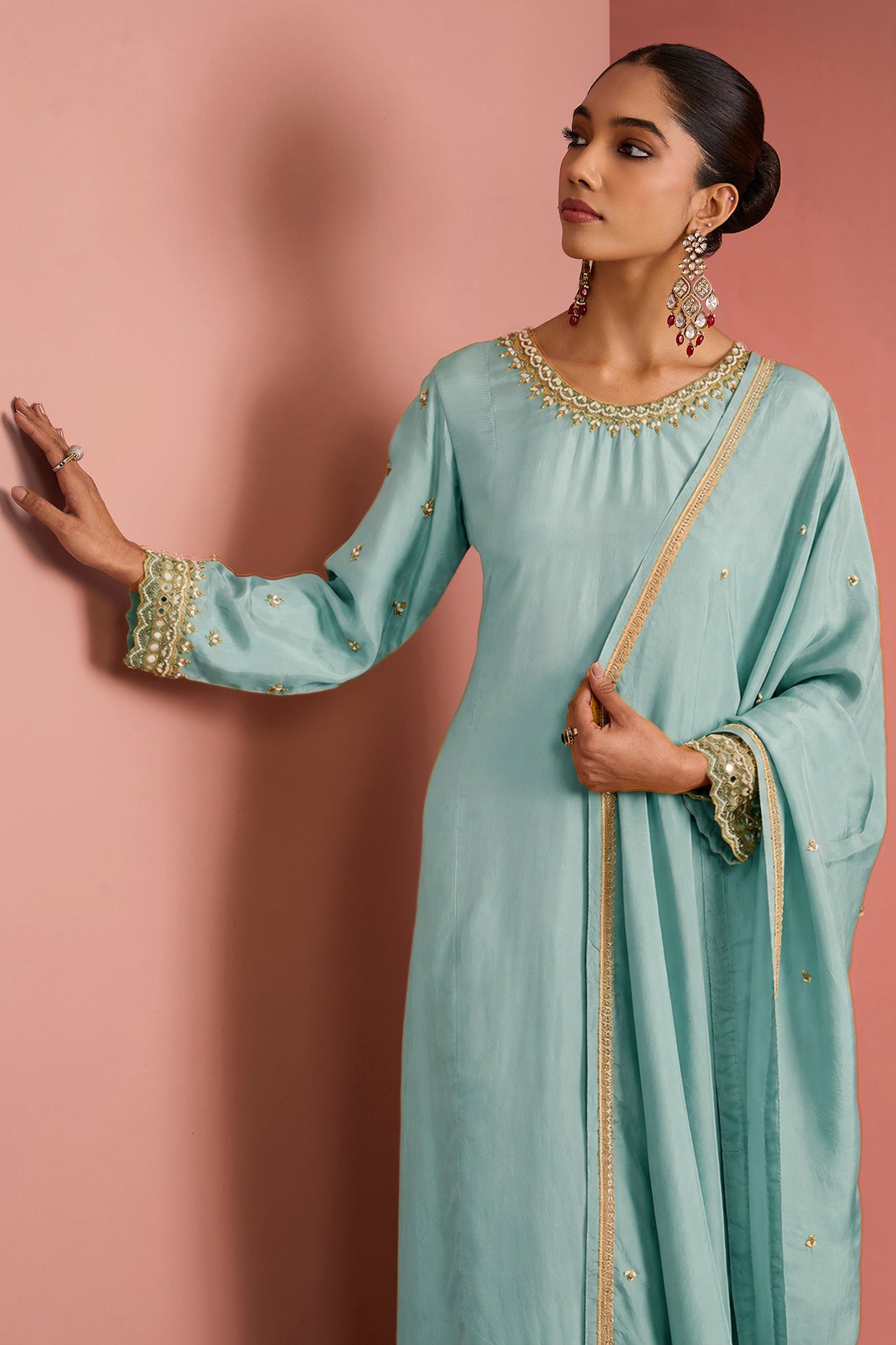 Light Teal   Opara Silk Kurta Set With Hand Embroidery