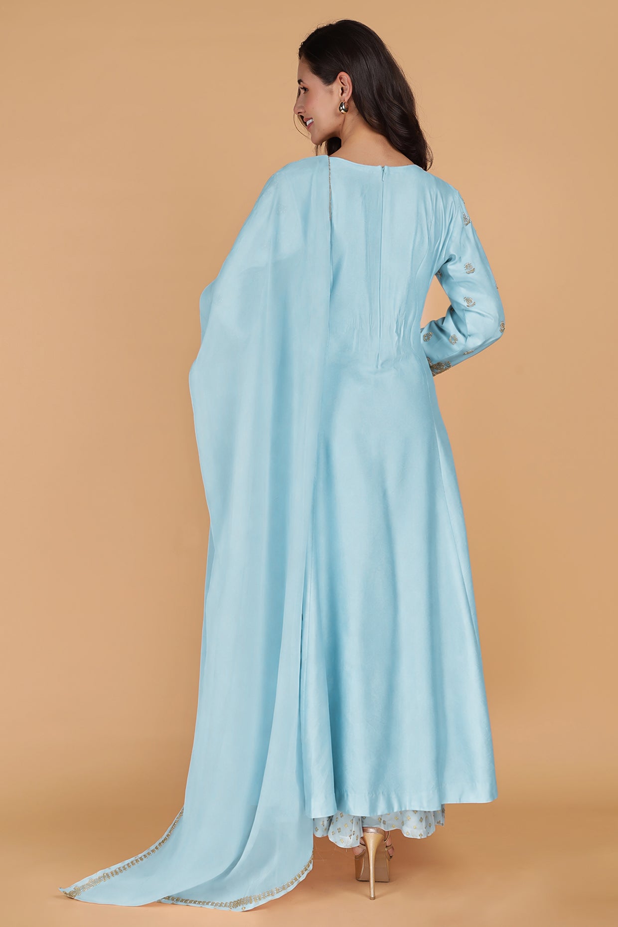 Light Blue Katan Silk Sharara  Set With Beads And Pearl Embroidery