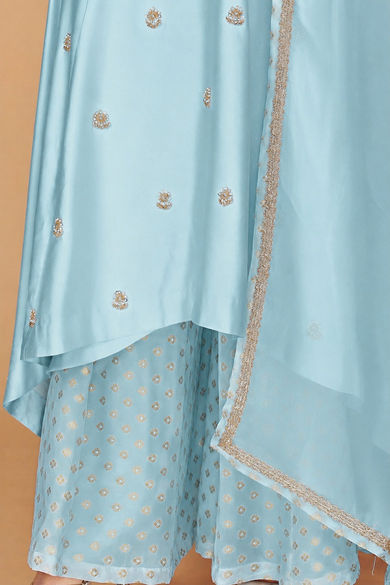 Light Blue Katan Silk Sharara  Set With Beads And Pearl Embroidery