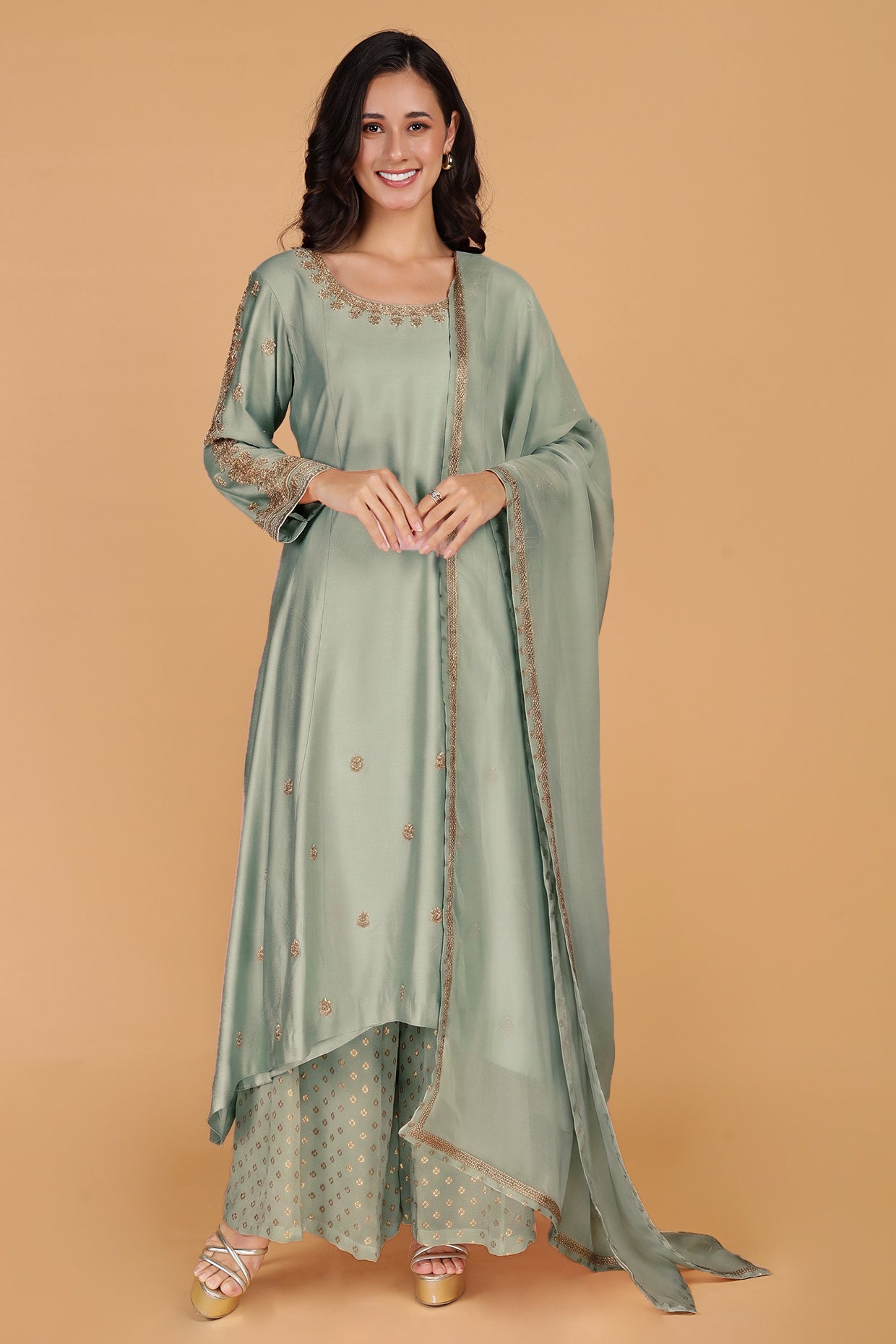 Olive Green   Katan Silk Sharara  Set With Beads And Pearl Embroidery