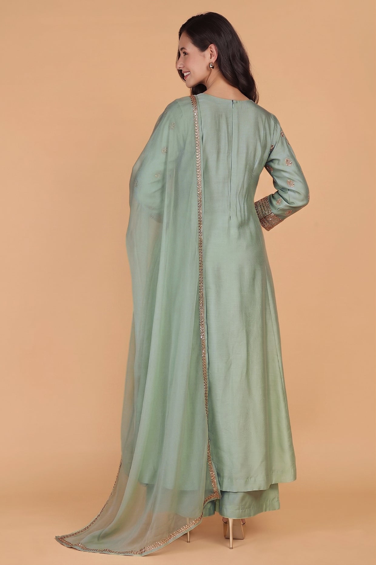 Olive Green   Katan Silk Sharara  Set With Beads And Pearl Embroidery