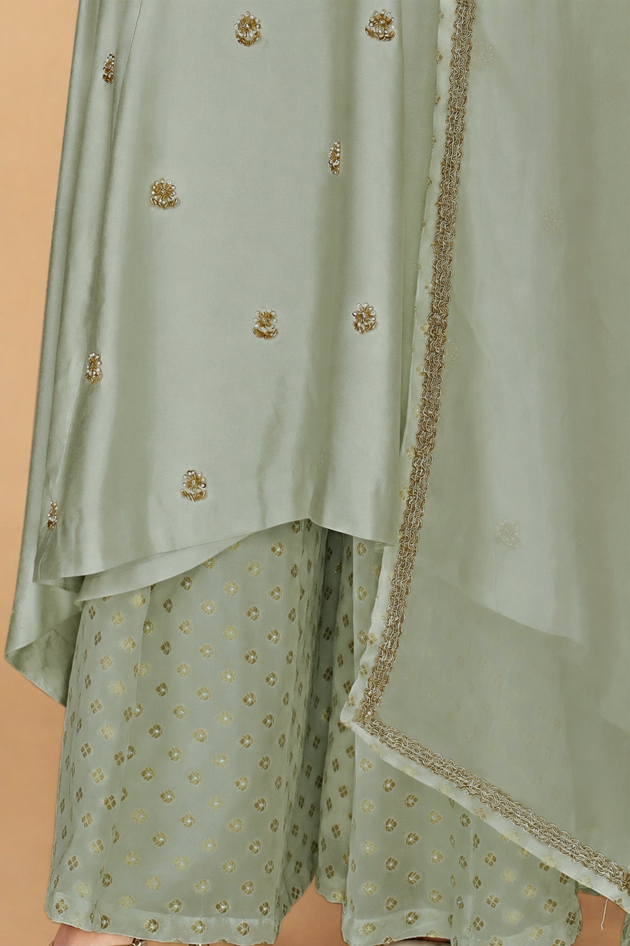 Olive Green   Katan Silk Sharara  Set With Beads And Pearl Embroidery