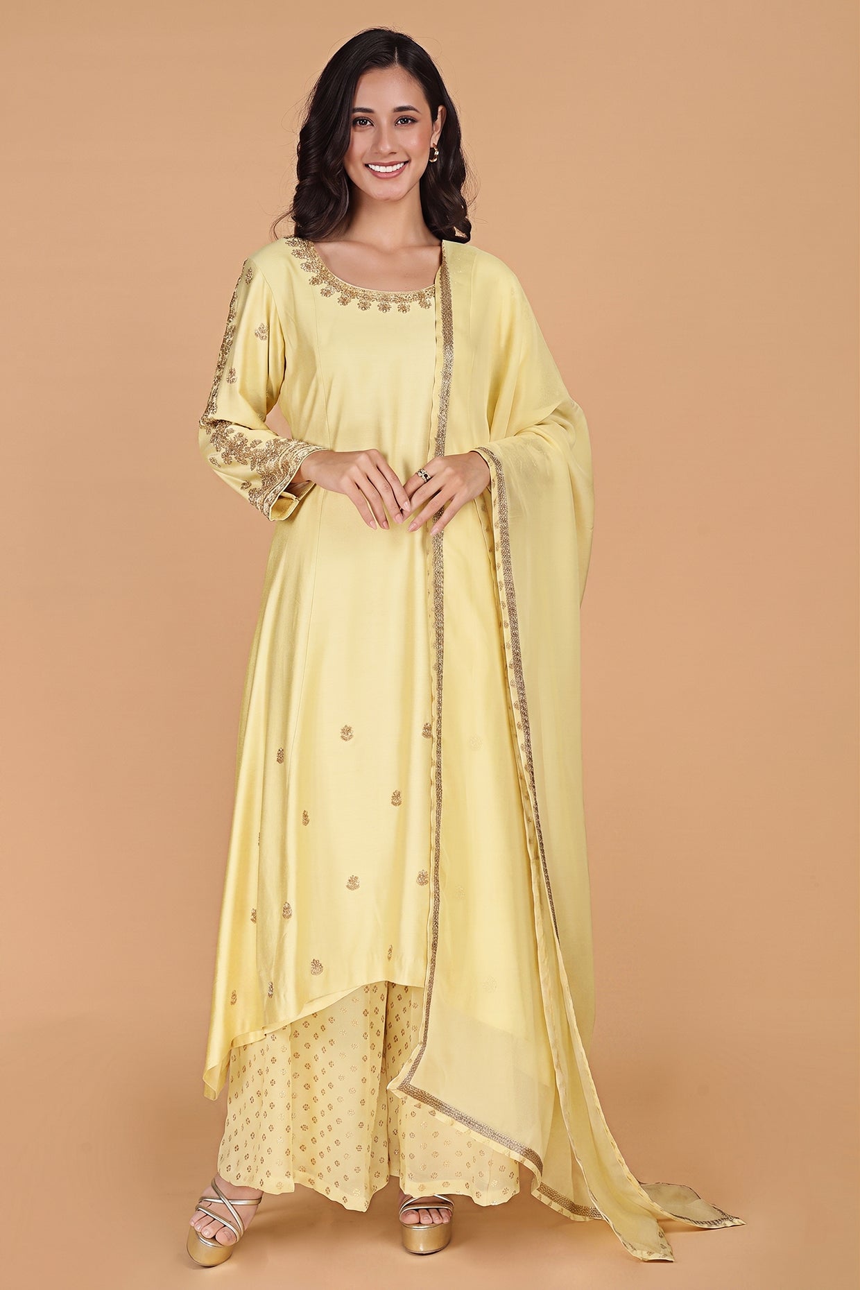 Light Yellow  Katan Silk  Sharara  Set With Beads And Pearl Embroidery