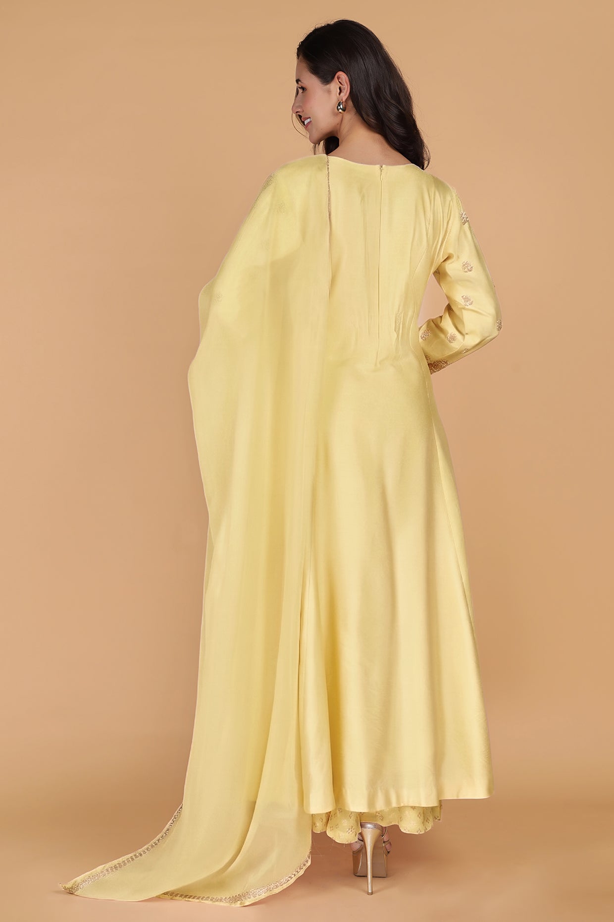 Light Yellow  Katan Silk  Sharara  Set With Beads And Pearl Embroidery
