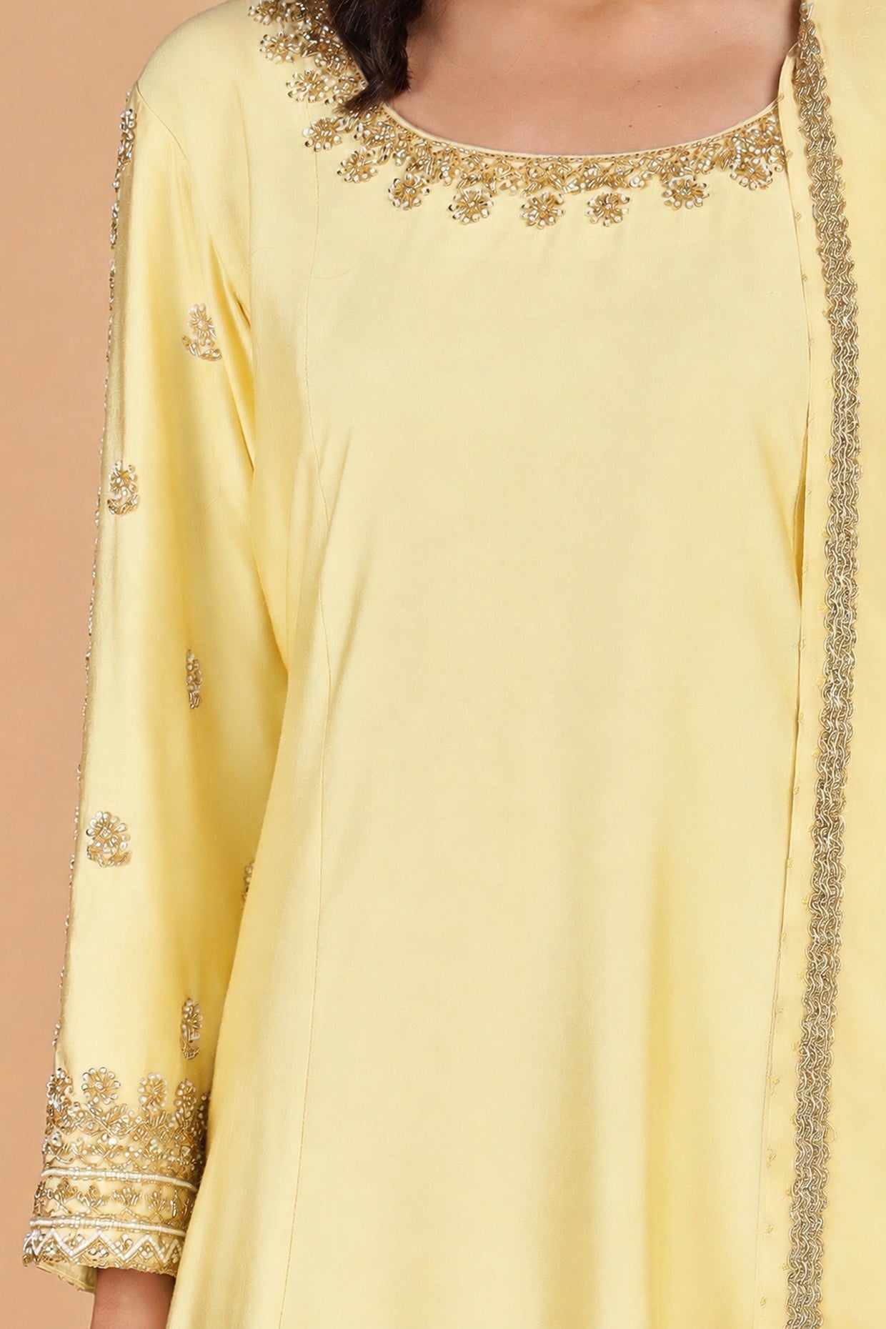 Light Yellow  Katan Silk  Sharara  Set With Beads And Pearl Embroidery