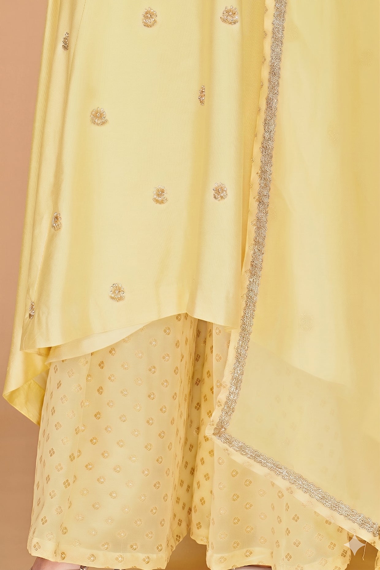 Light Yellow  Katan Silk  Sharara  Set With Beads And Pearl Embroidery