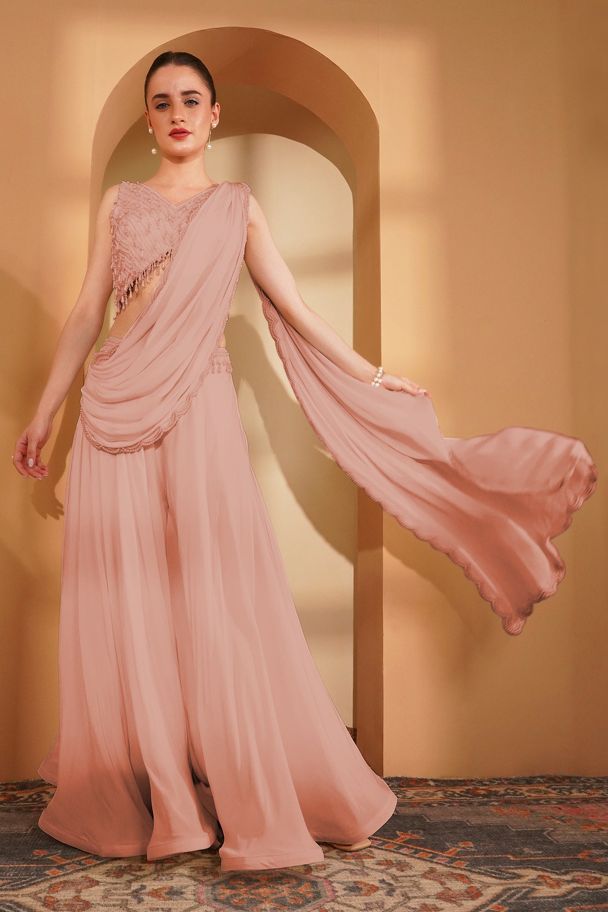Peach Crepe Pearlwork  Sharara Set