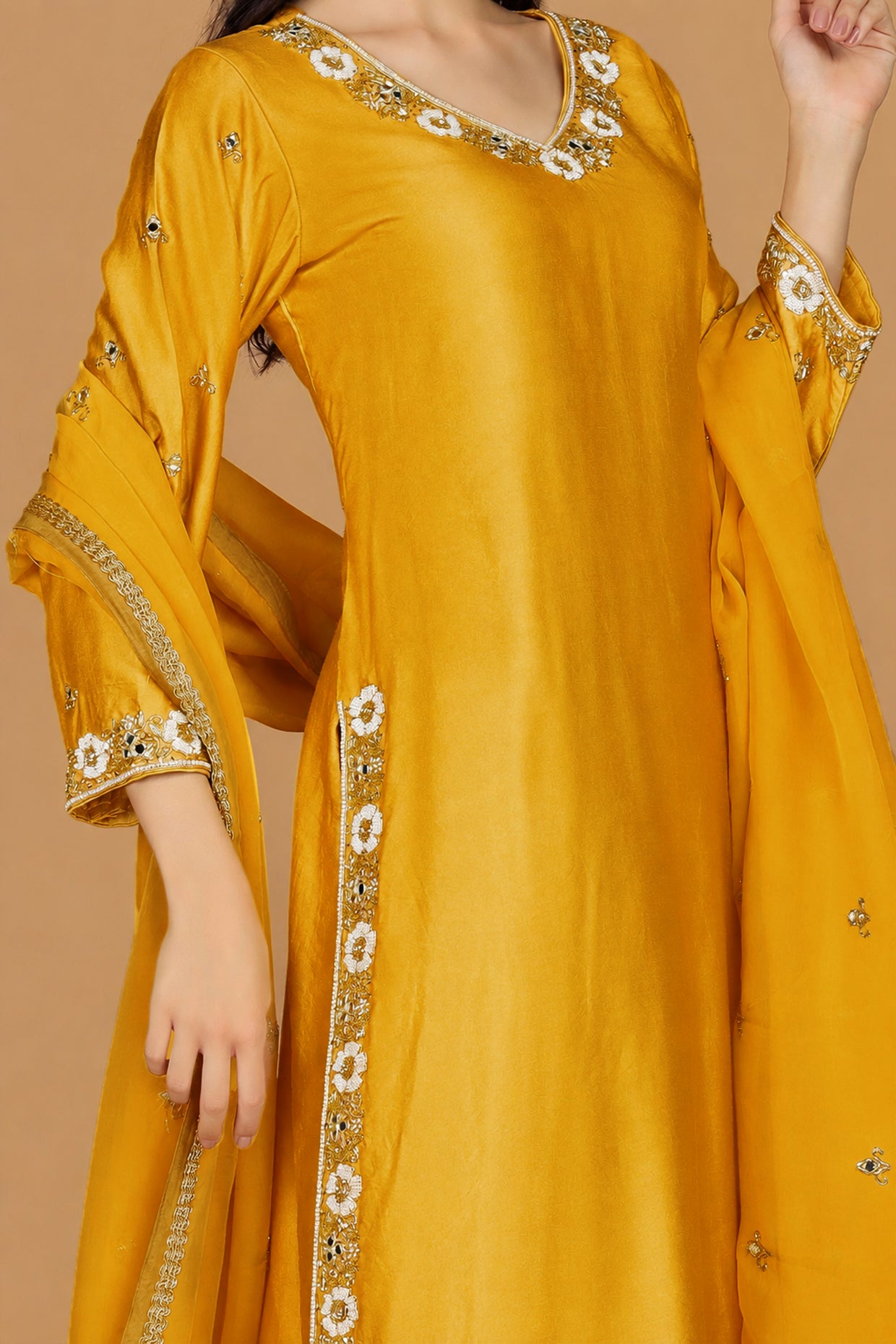 Mustard  Self Katan Kurta Pant Set With Cutdana Pearl Mirror Embroiderey And Organza Duppatta