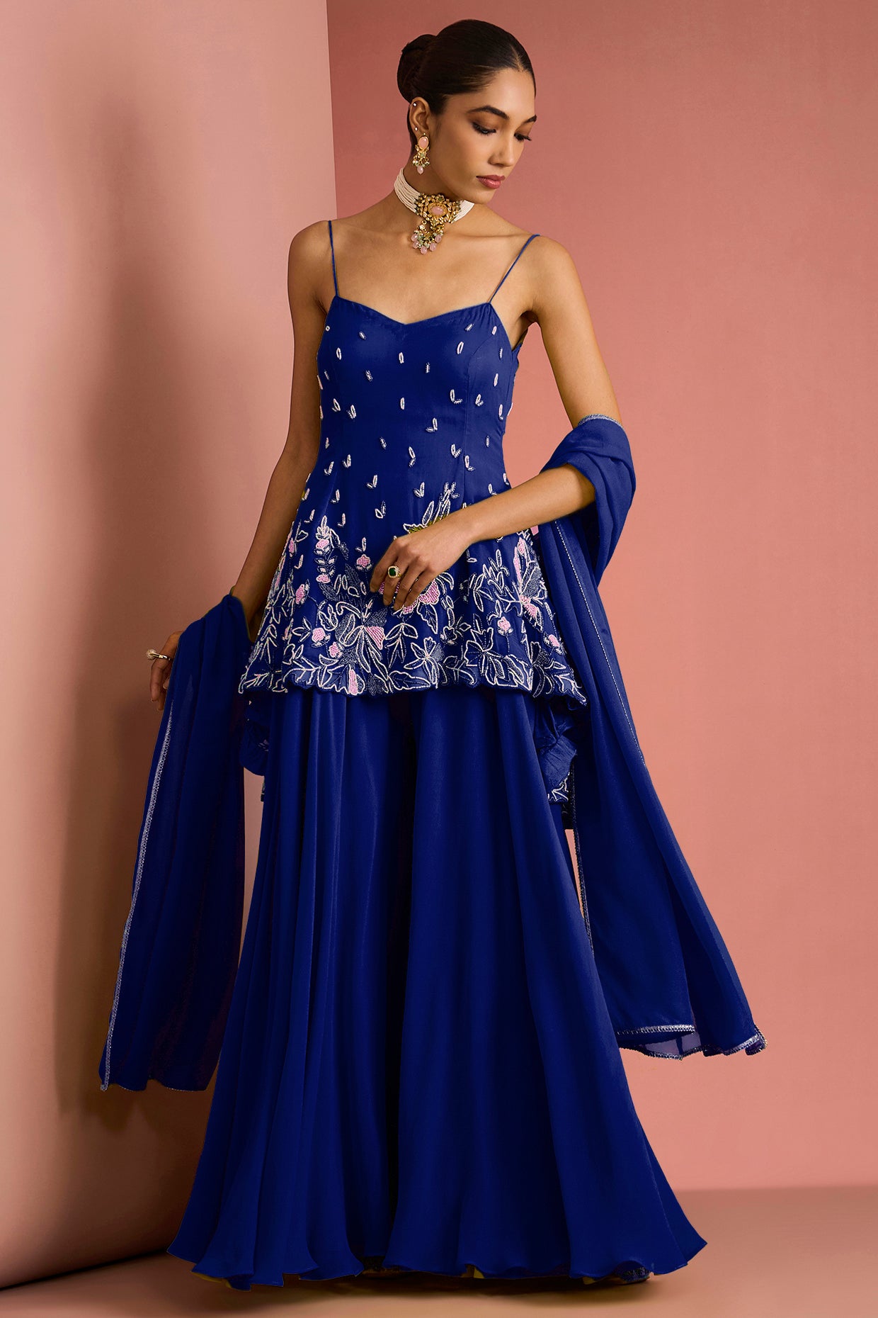 Dark Blue Crepe Bead Work Sharara Set