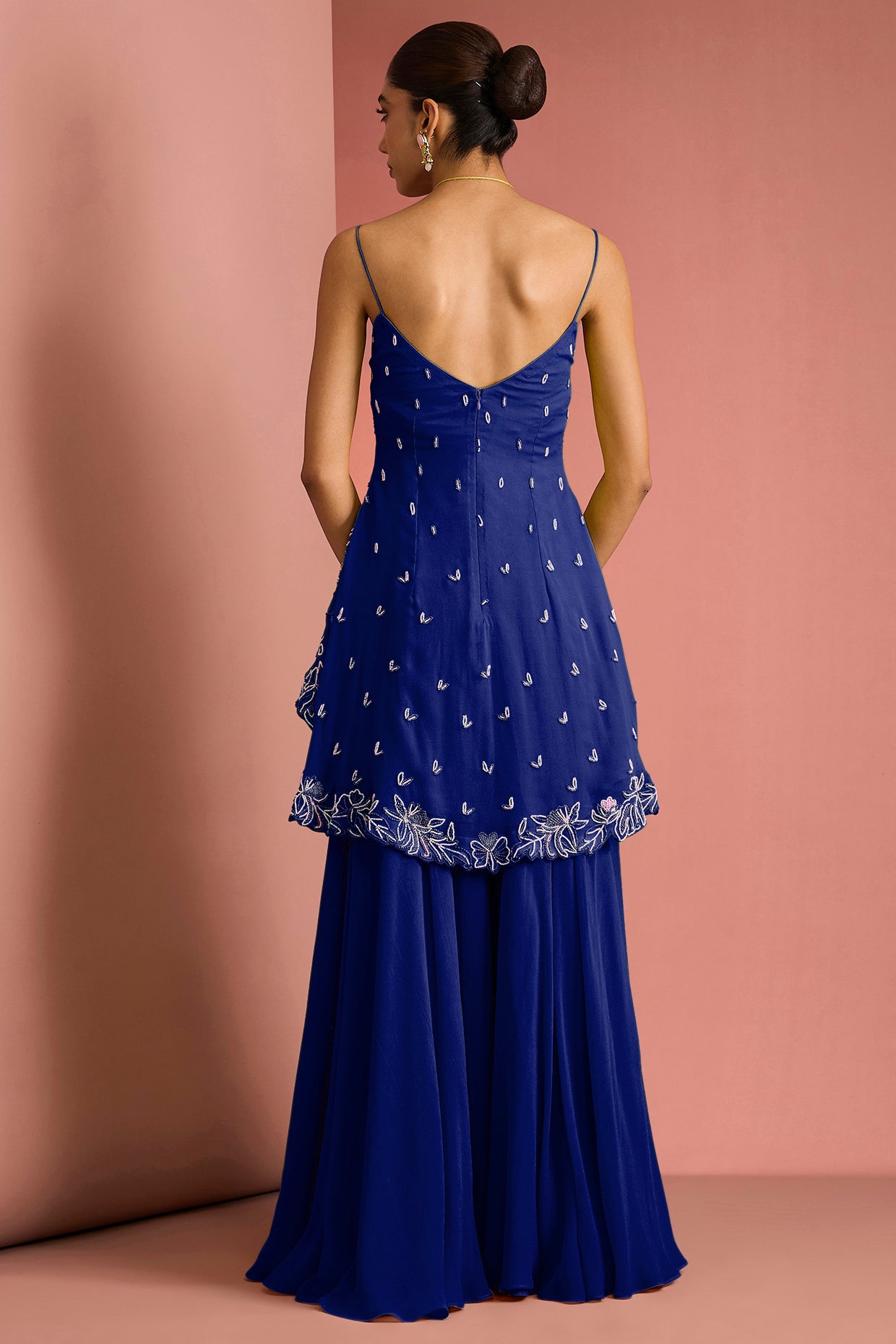 Dark Blue Crepe Bead Work Sharara Set