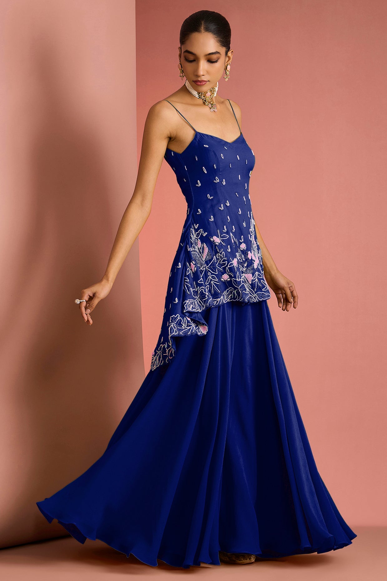 Dark Blue Crepe Bead Work Sharara Set