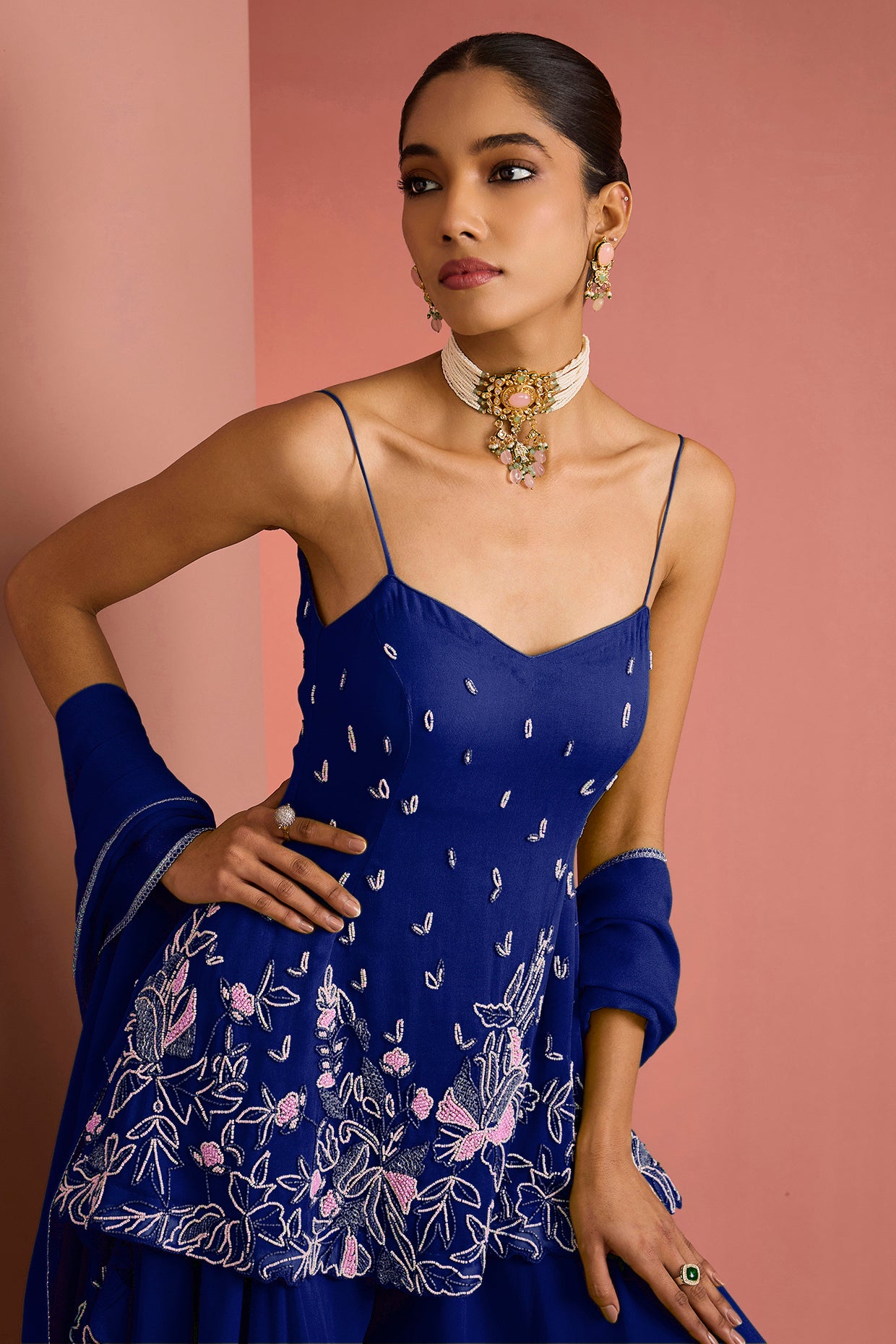 Dark Blue Crepe Bead Work Sharara Set