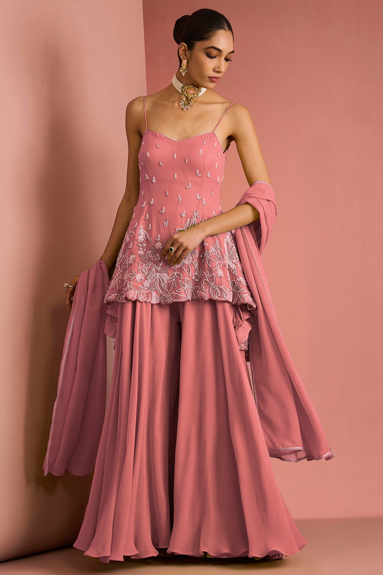 Coral  Crepe Bead Work Sharara Set