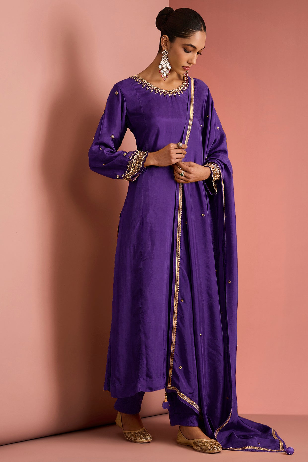 Dark Purple  Opara Silk Kurta Set With Hand Embroidery