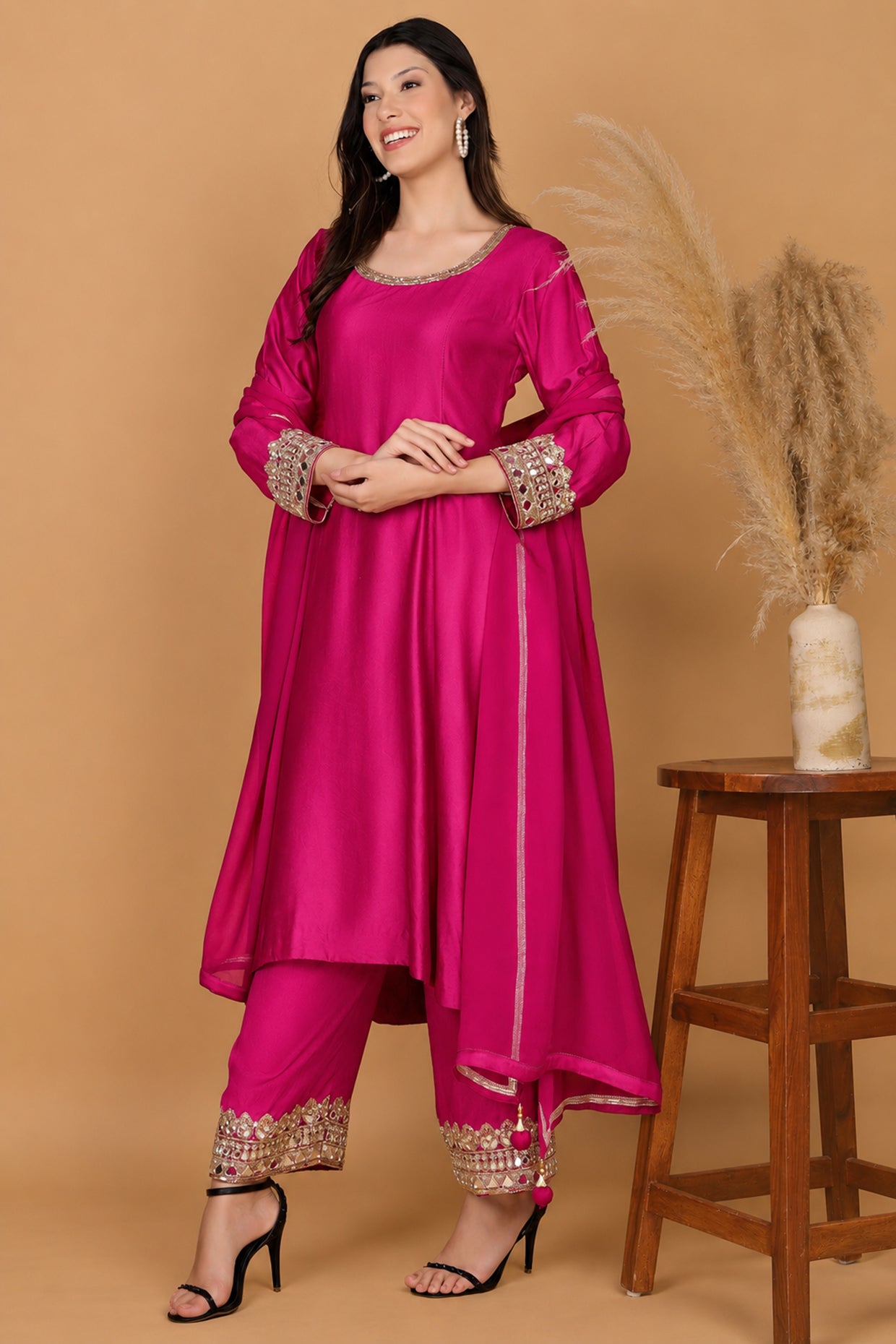 Fuscia  Self Katan Kurta And Pant With Mirror Work And Georggette Duppatta .