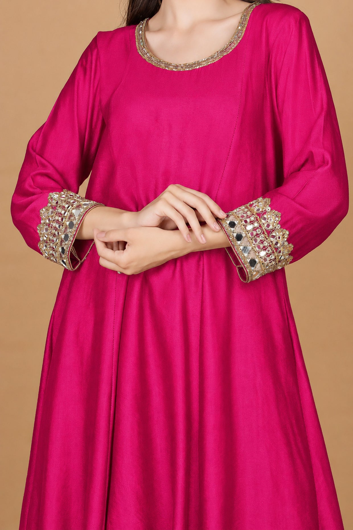 Fuscia  Self Katan Kurta And Pant With Mirror Work And Georggette Duppatta .