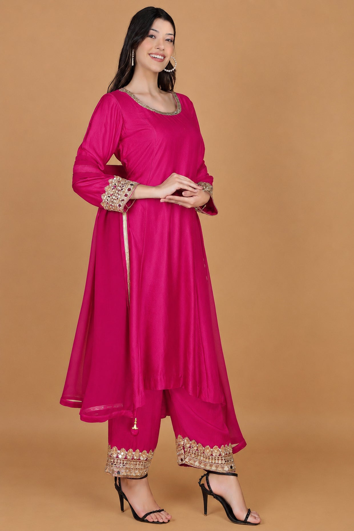 Fuscia  Self Katan Kurta And Pant With Mirror Work And Georggette Duppatta .