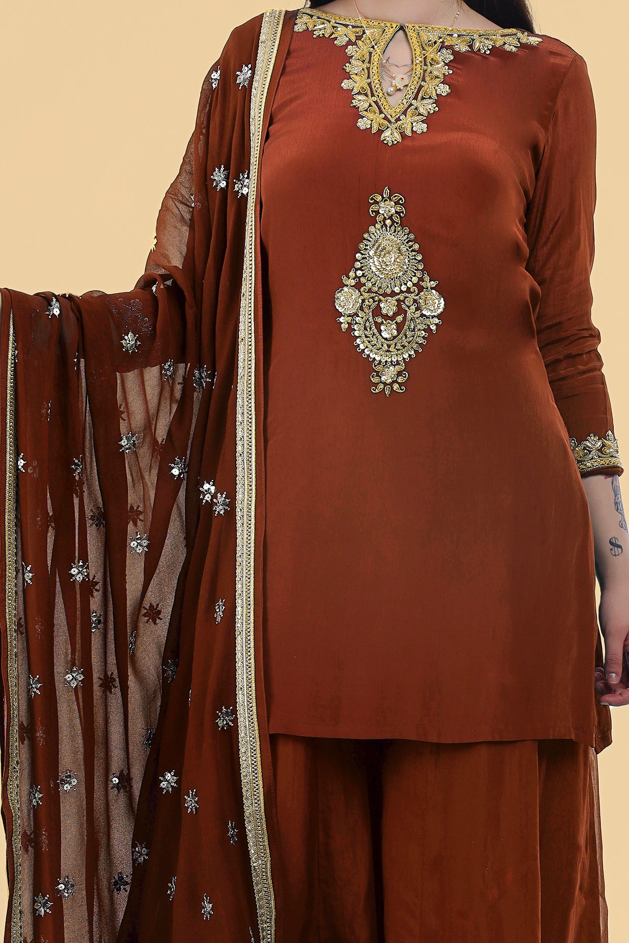 Brown Crepe Kurta Sharara Set With Hand Embroidery
