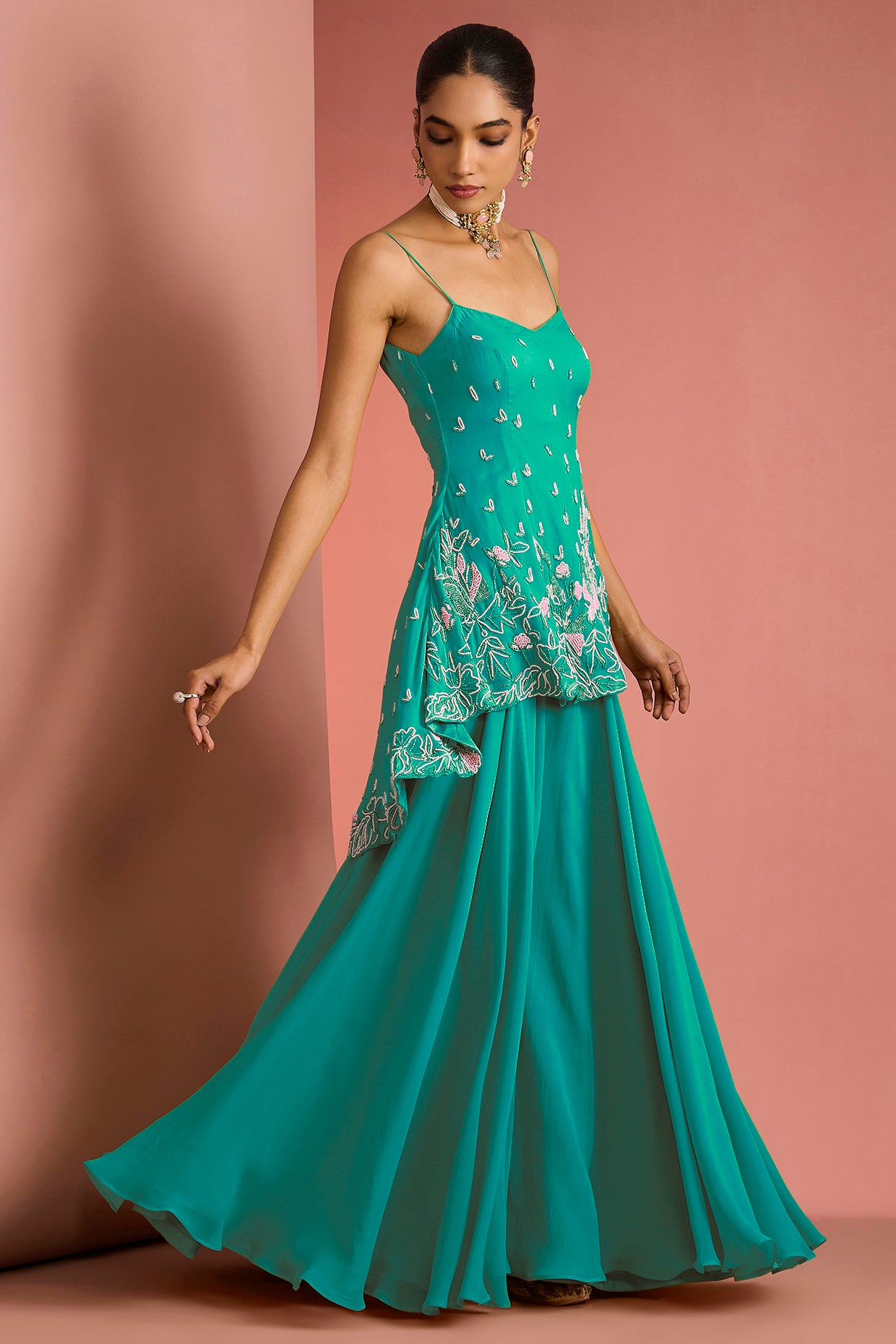 Sea Green Crepe Bead Work Sharara Set